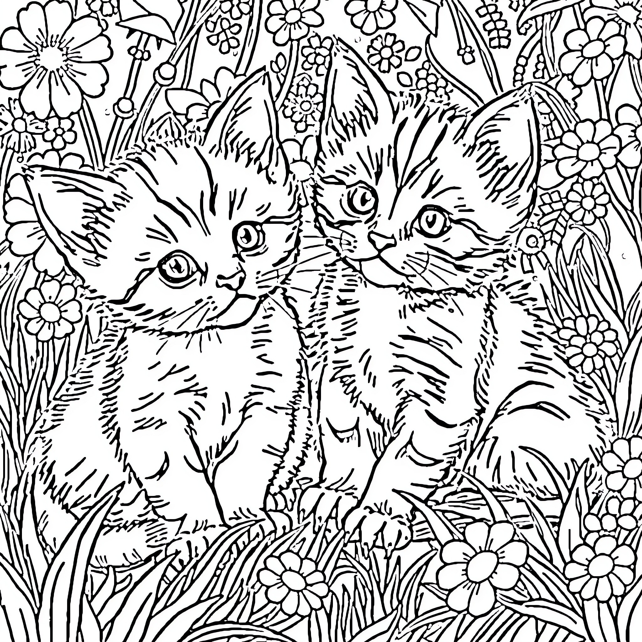 Kittens playing in a floral garden Coloring Page (free black-and-white line drawing printable PDF for all, from beginners to advanced learners, including children, teens, adults, and seniors)