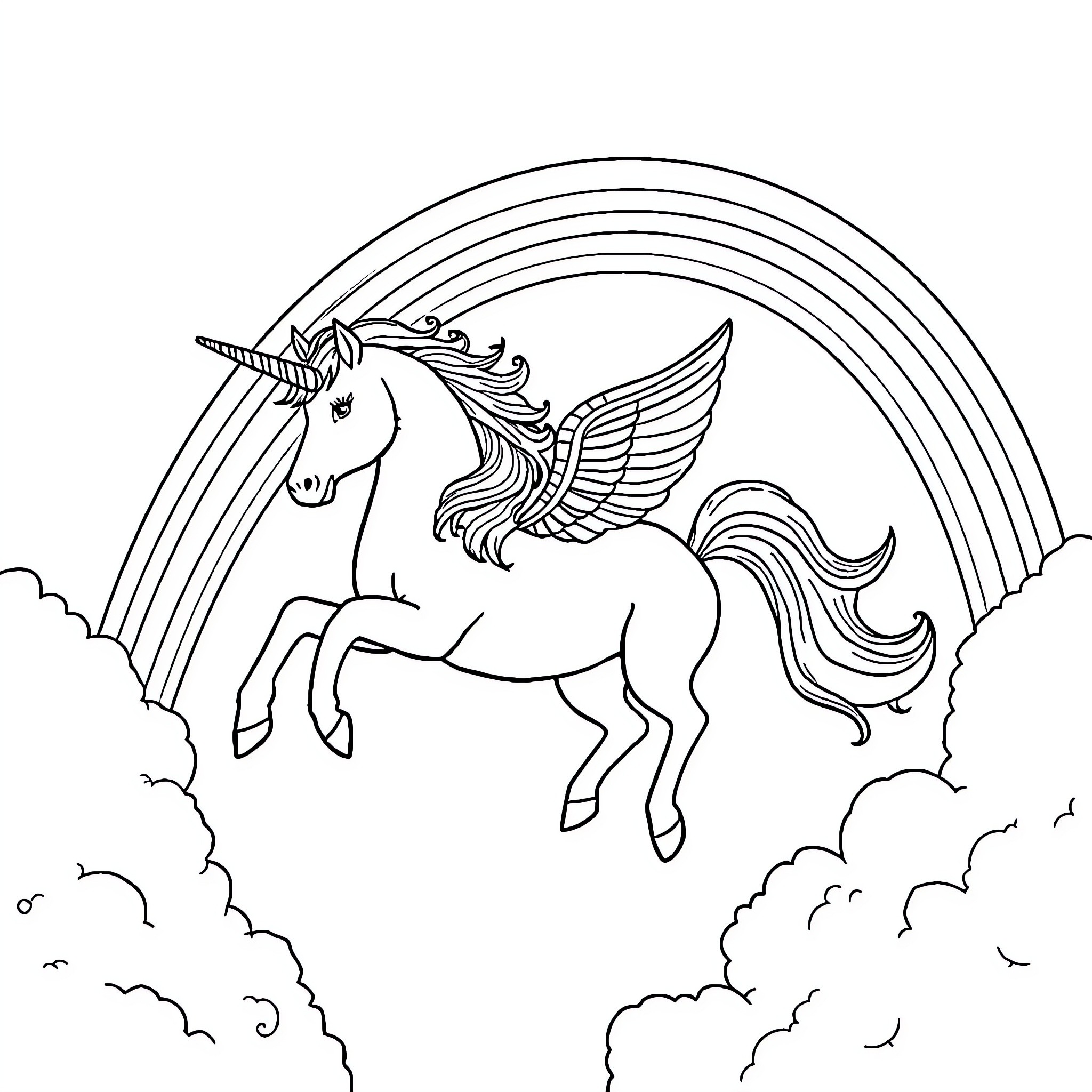 Unicorn soaring gracefully through the clouds Coloring Page (free black-and-white line drawing printable PDF for all, from beginners to advanced learners, including children, teens, adults, and seniors)