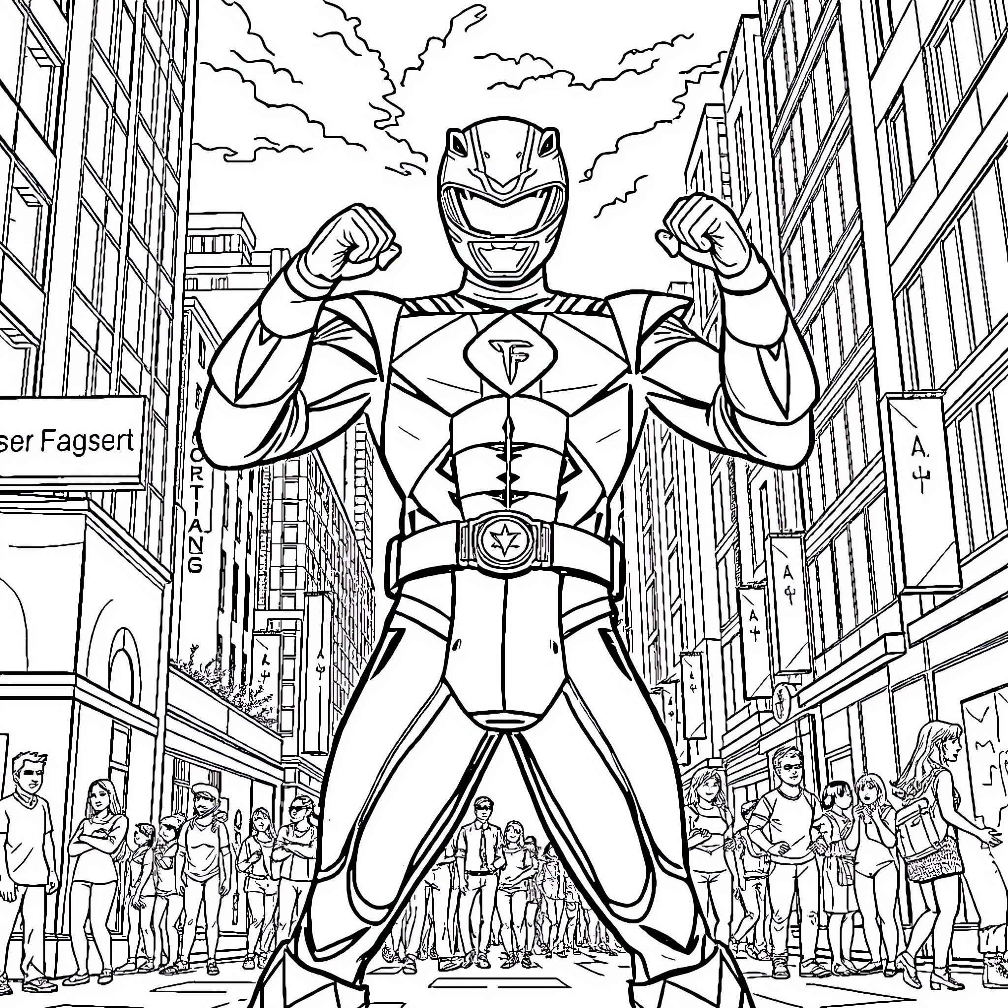 Power Ranger heroically stands amidst city crowd Coloring Page (free black-and-white line drawing printable PDF for all, from beginners to advanced learners, including children, teens, adults, and seniors)