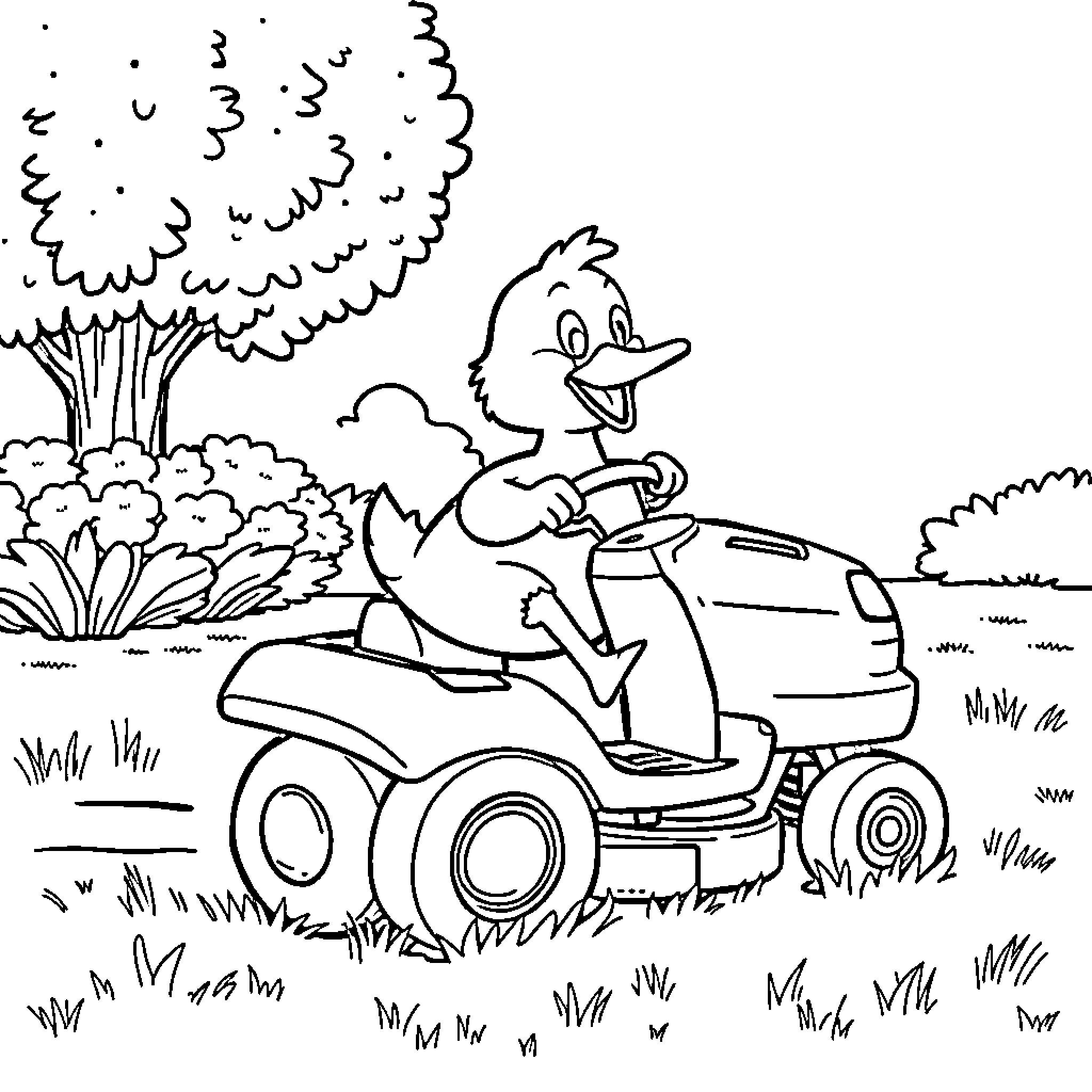 Duck riding a lawnmower in the garden Coloring Page (free black-and-white line drawing printable PDF for all, from beginners to advanced learners, including children, teens, adults, and seniors)