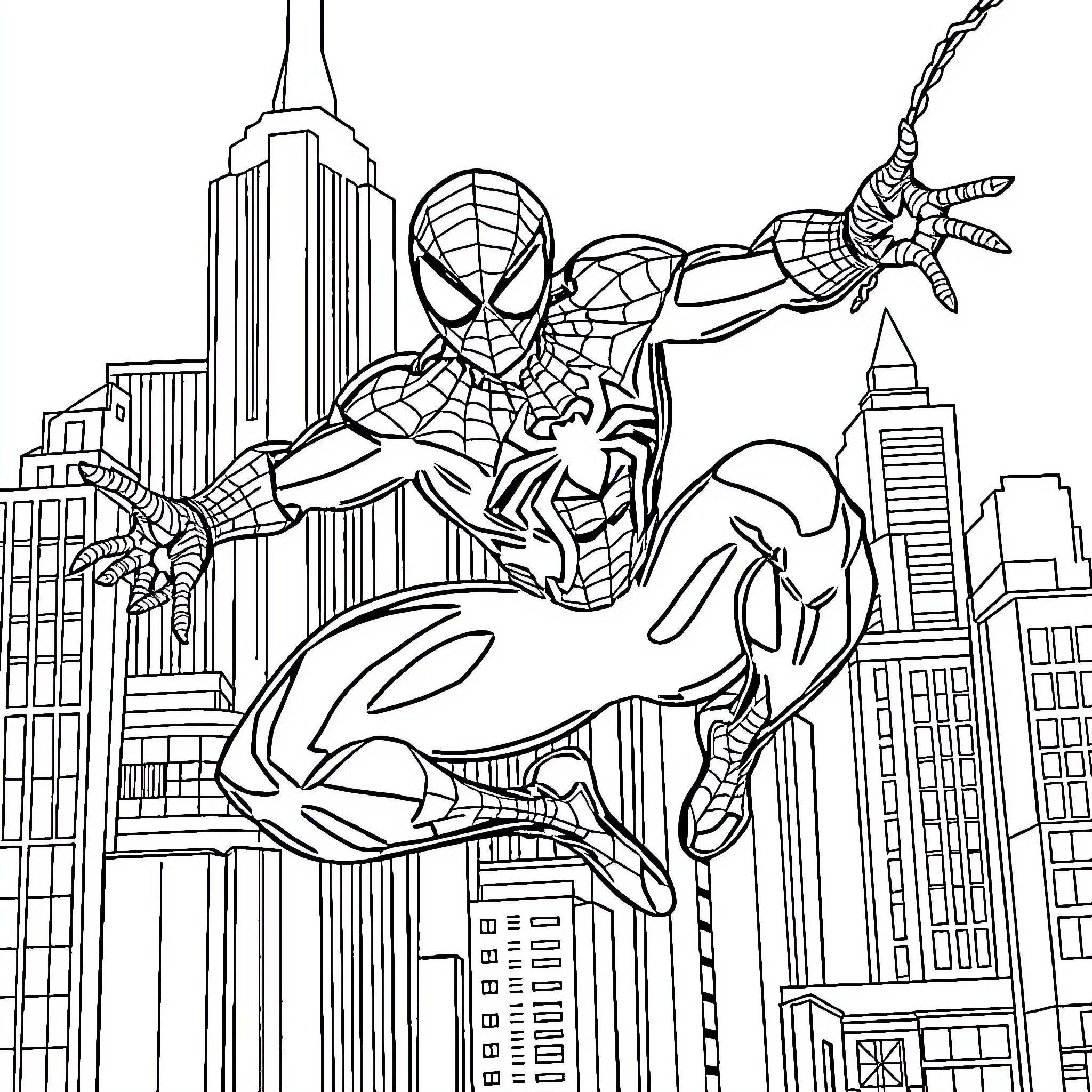 Spider-Man swinging through the city skyline Coloring Page (free black-and-white line drawing printable PDF for all, from beginners to advanced learners, including children, teens, adults, and seniors)