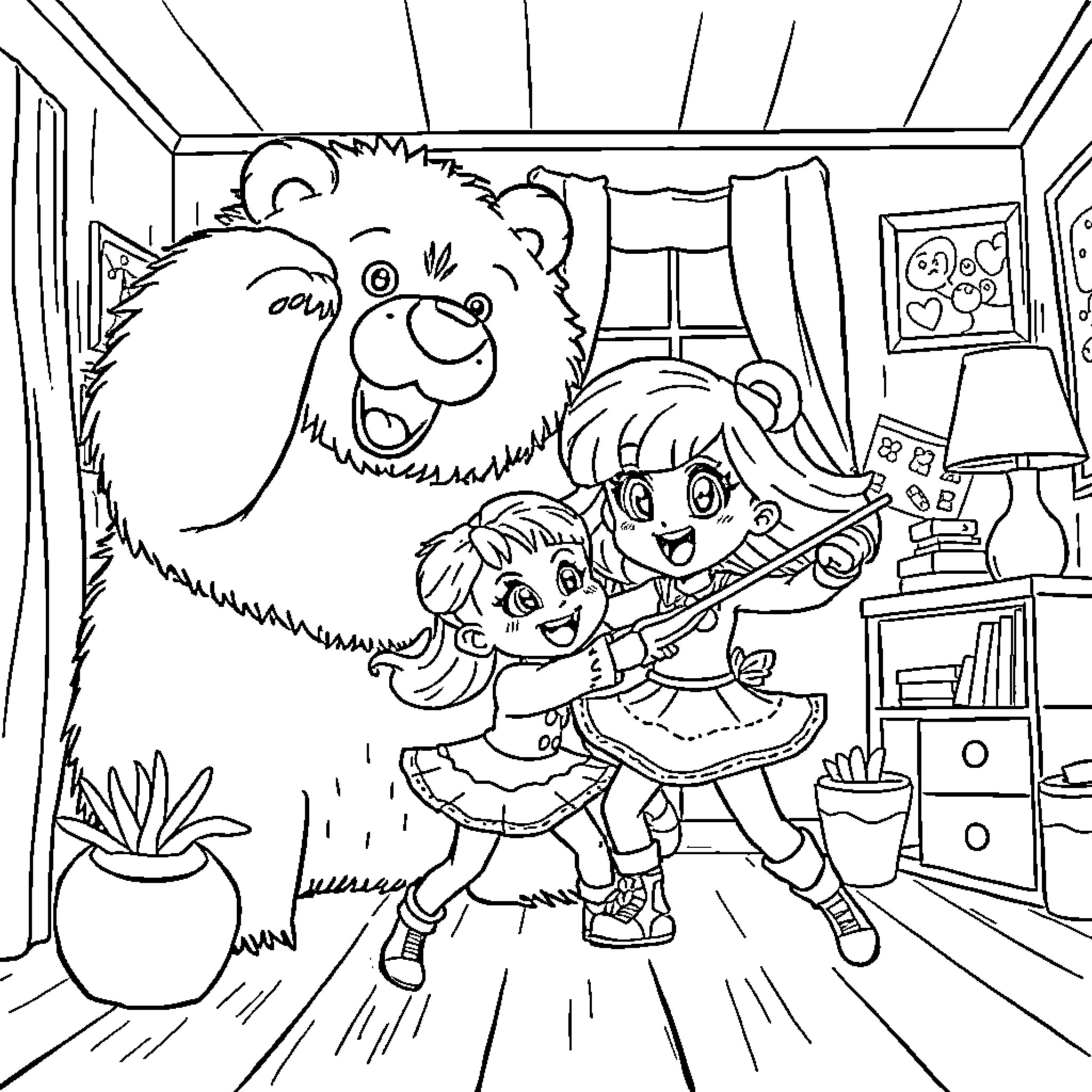 Gabby's Playful Adventure with Fuzzy Bear Friend Coloring Page (free black-and-white line drawing printable PDF for all, from beginners to advanced learners, including children, teens, adults, and seniors)