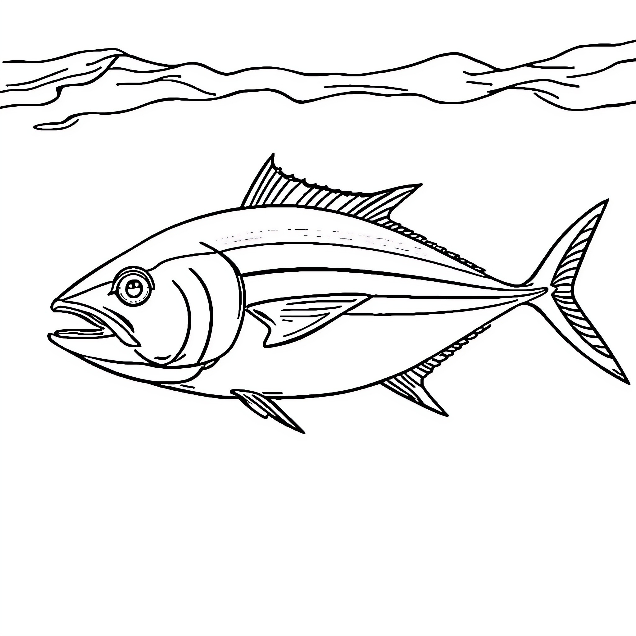 Tuna swimming in the ocean Coloring Page (free black-and-white line drawing printable PDF for all, from beginners to advanced learners, including children, teens, adults, and seniors)