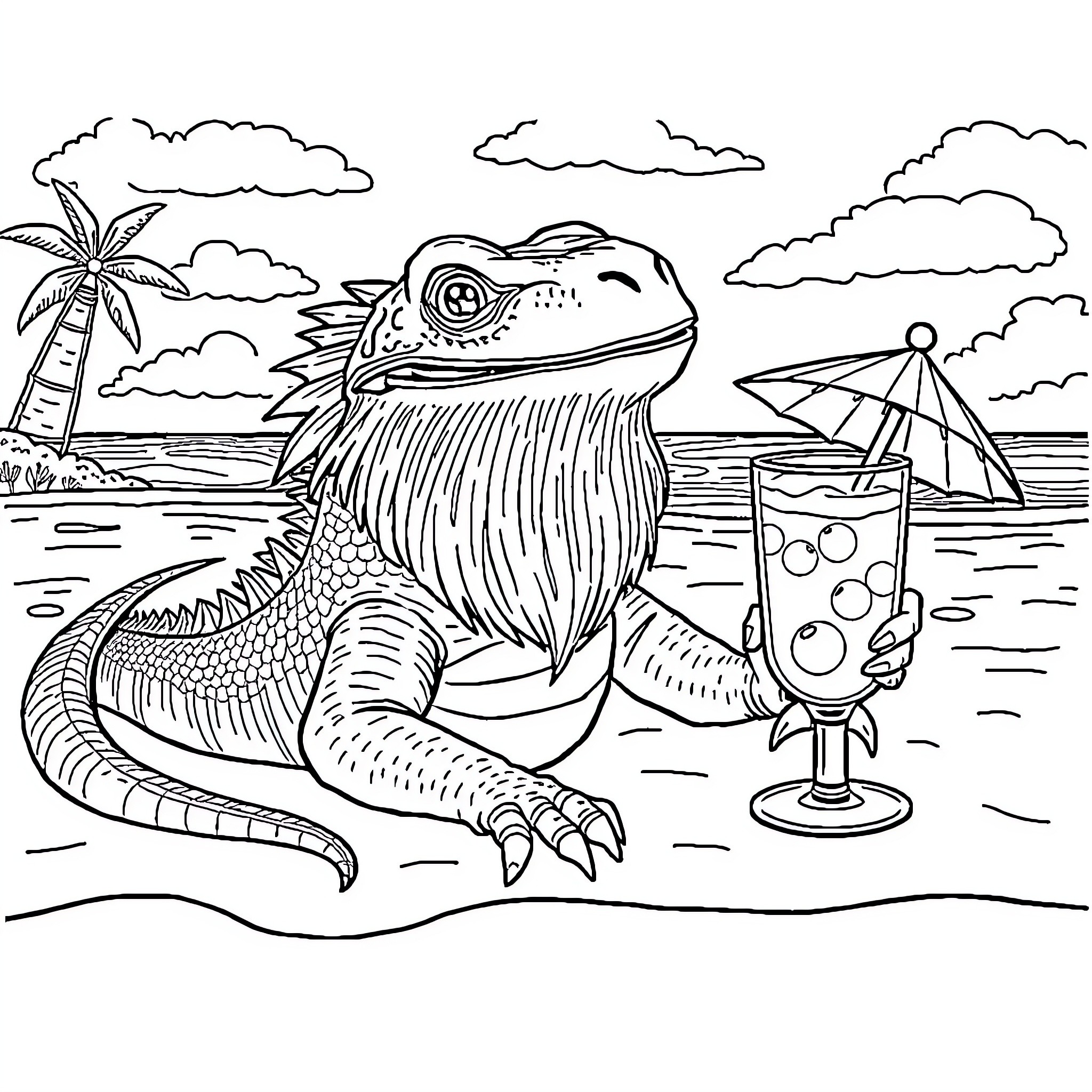Bearded Dragon relaxing on the beach Coloring Page (free black-and-white line drawing printable PDF for all, from beginners to advanced learners, including children, teens, adults, and seniors)