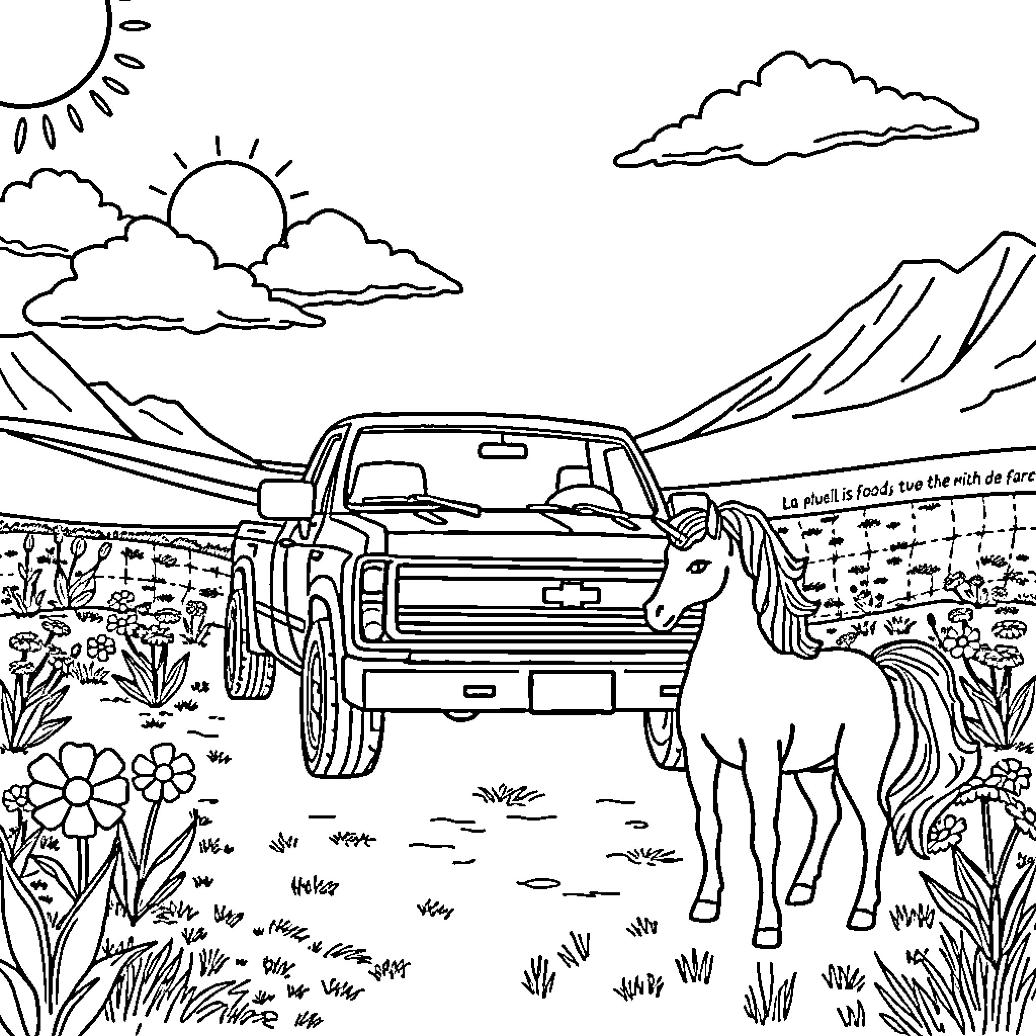 Pickup Truck in a Scenic Mountain Landscape Coloring Page (free black-and-white line drawing printable PDF for all, from beginners to advanced learners, including children, teens, adults, and seniors)
