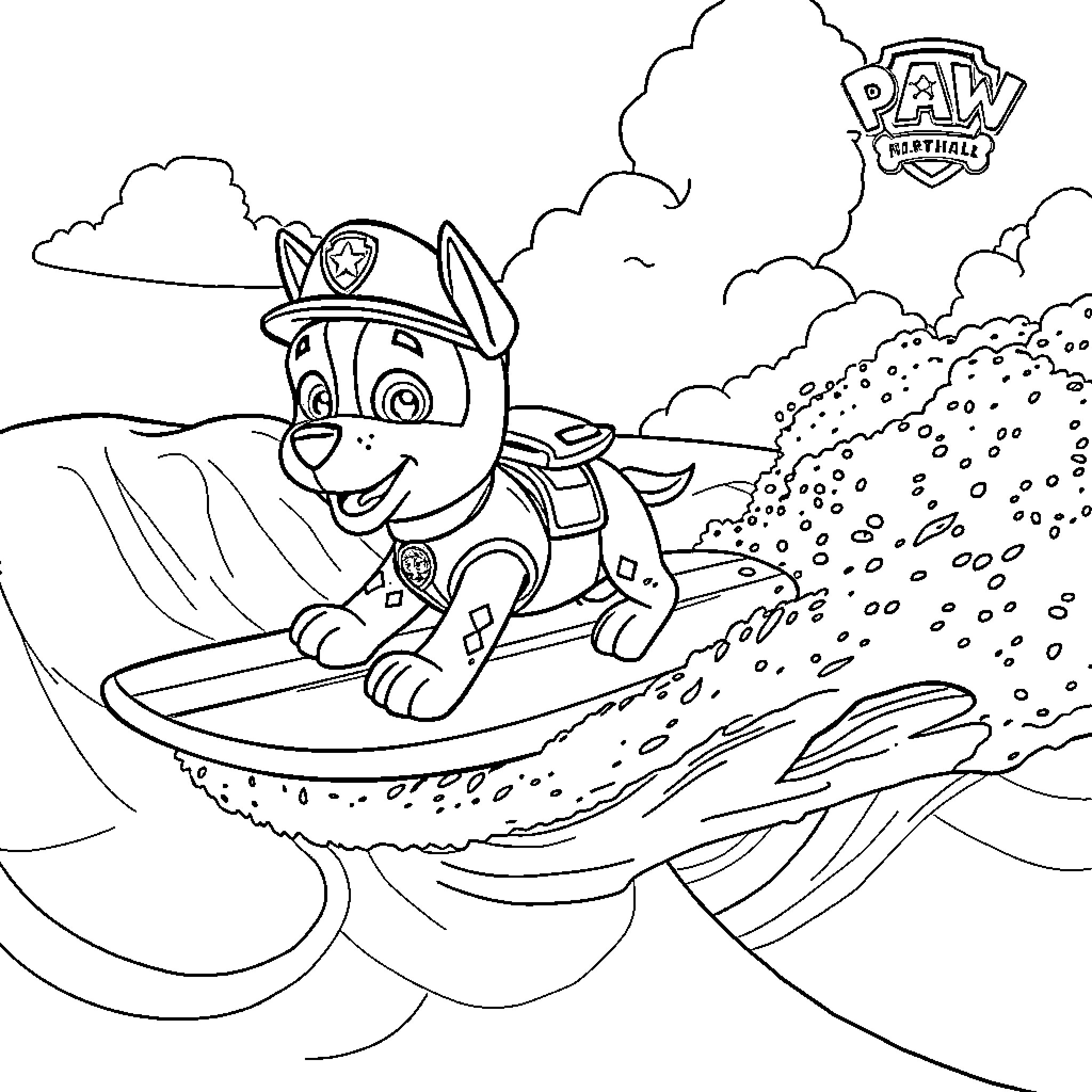 Pup exploring the watery world Coloring Page (free black-and-white line drawing printable PDF for all, from beginners to advanced learners, including children, teens, adults, and seniors)