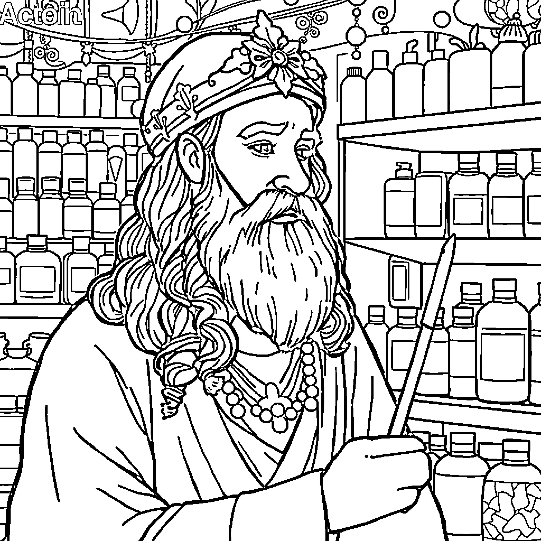 Rumi's Mystical Encounter in the Apothecary Coloring Page (free black-and-white line drawing printable PDF for all, from beginners to advanced learners, including children, teens, adults, and seniors)