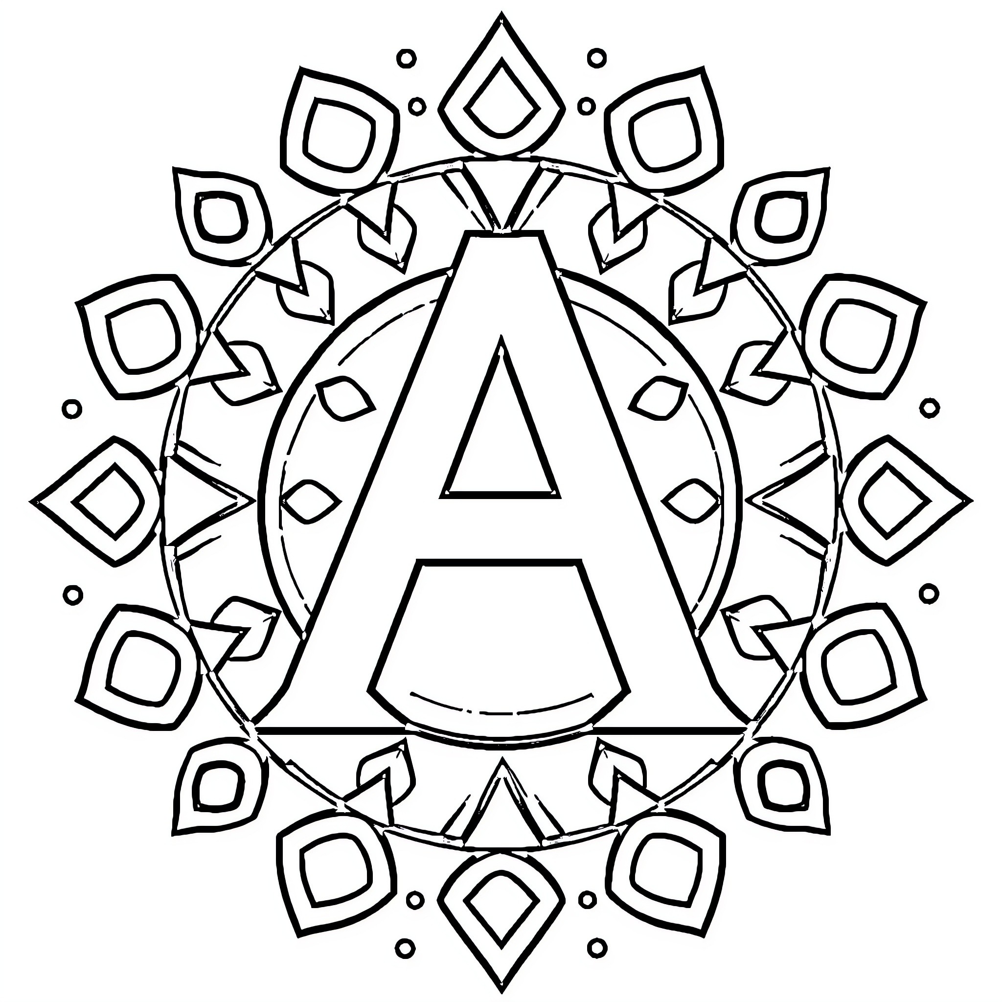 Letter A with Geometric Shapes and Patterns Coloring Page (free black-and-white line drawing printable PDF for all, from beginners to advanced learners, including children, teens, adults, and seniors)