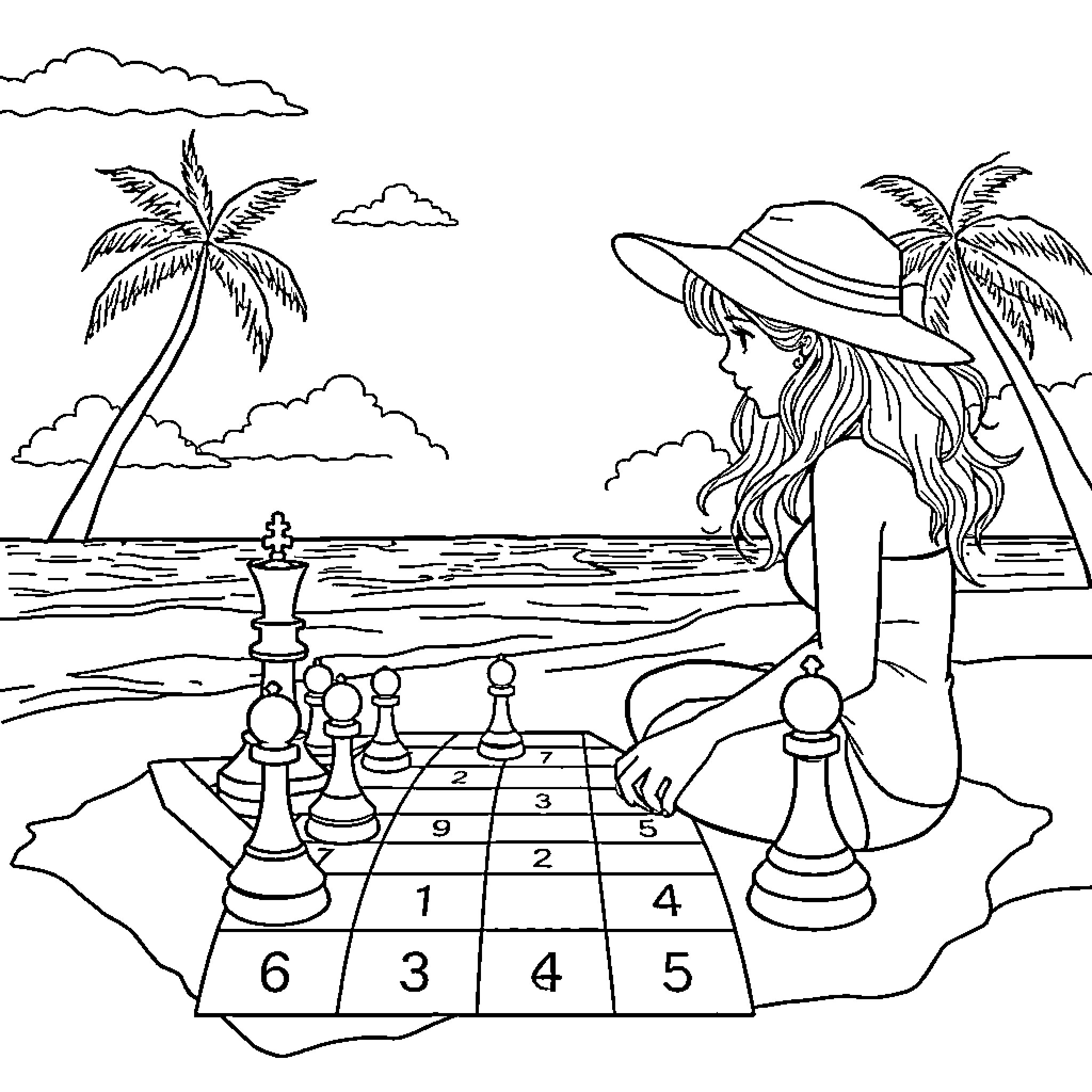 Girl playing chess on the beach Coloring Page (free black-and-white line drawing printable PDF for all, from beginners to advanced learners, including children, teens, adults, and seniors)