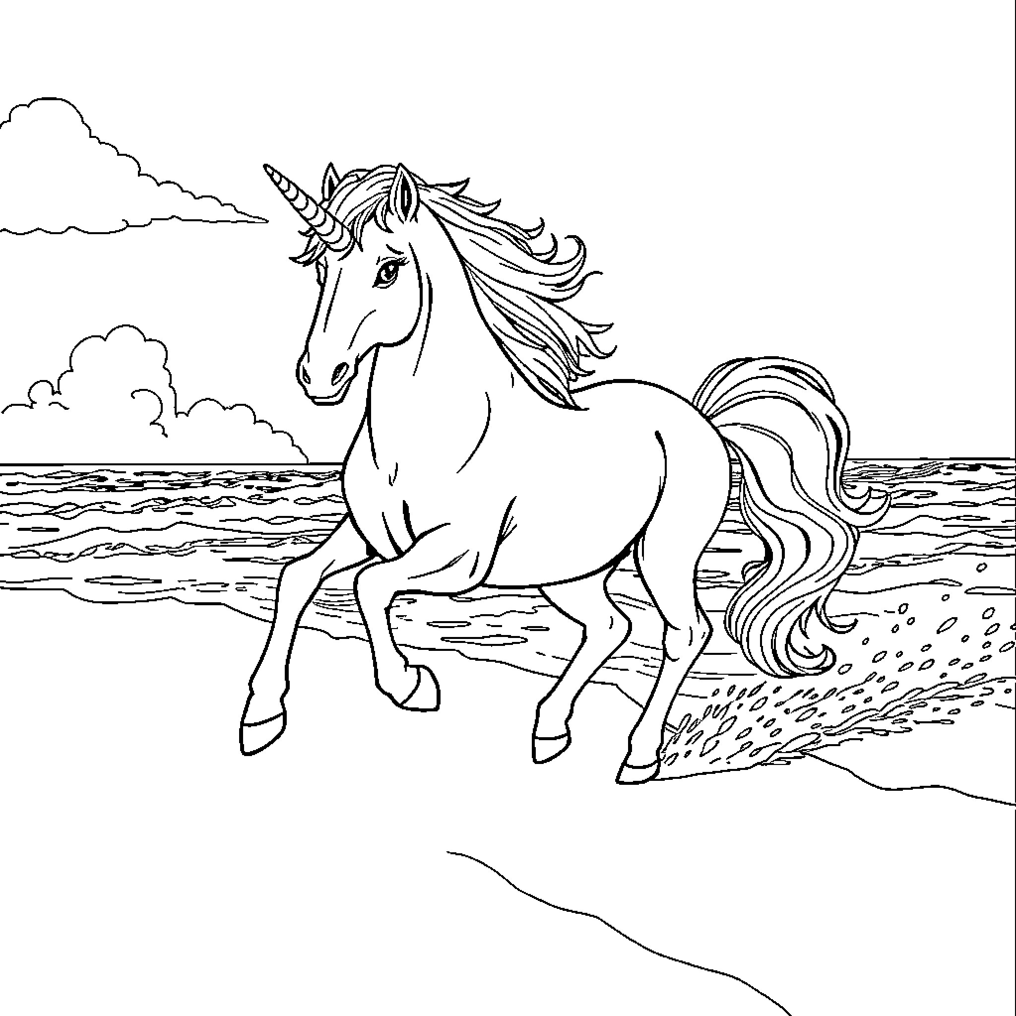 Unicorn galloping across the beach Coloring Page (free black-and-white line drawing printable PDF for all, from beginners to advanced learners, including children, teens, adults, and seniors)