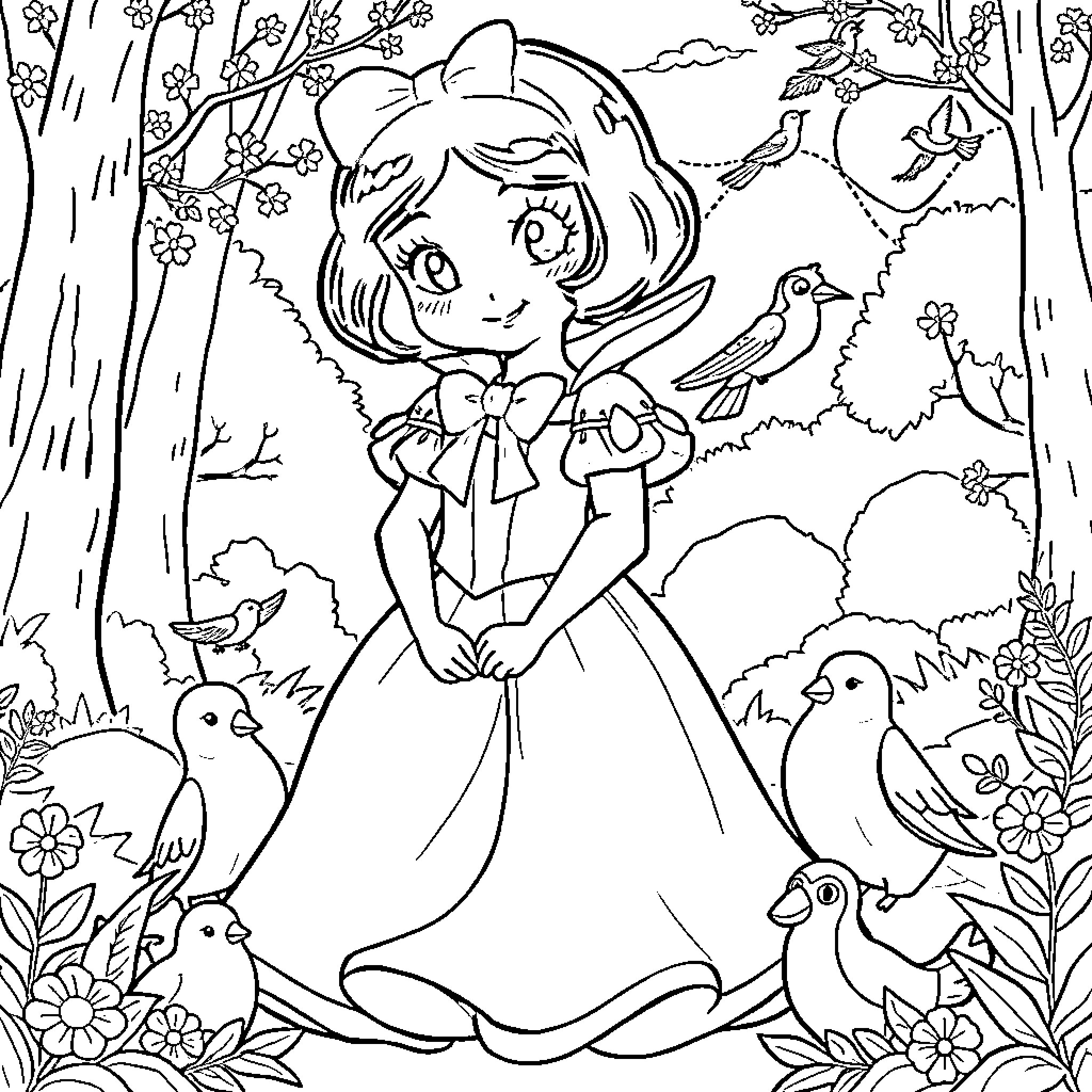 Snow White enjoying the woodland with her animal friends Coloring Page (free black-and-white line drawing printable PDF for all, from beginners to advanced learners, including children, teens, adults, and seniors)