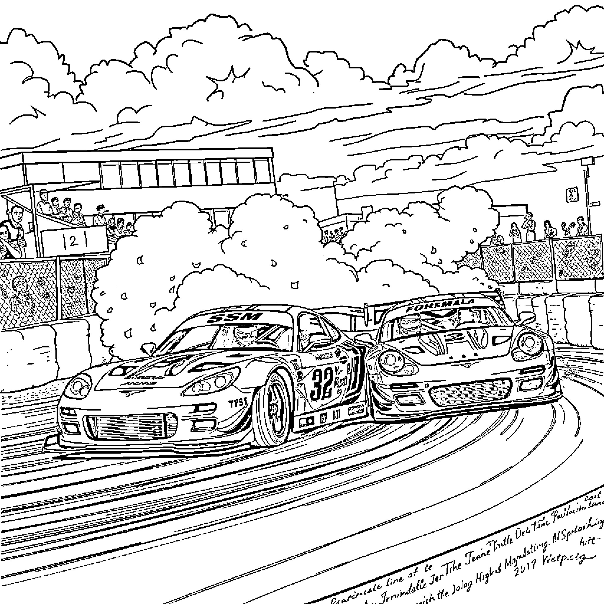 Car racing on the track with spectators Coloring Page (free black-and-white line drawing printable PDF for all, from beginners to advanced learners, including children, teens, adults, and seniors)