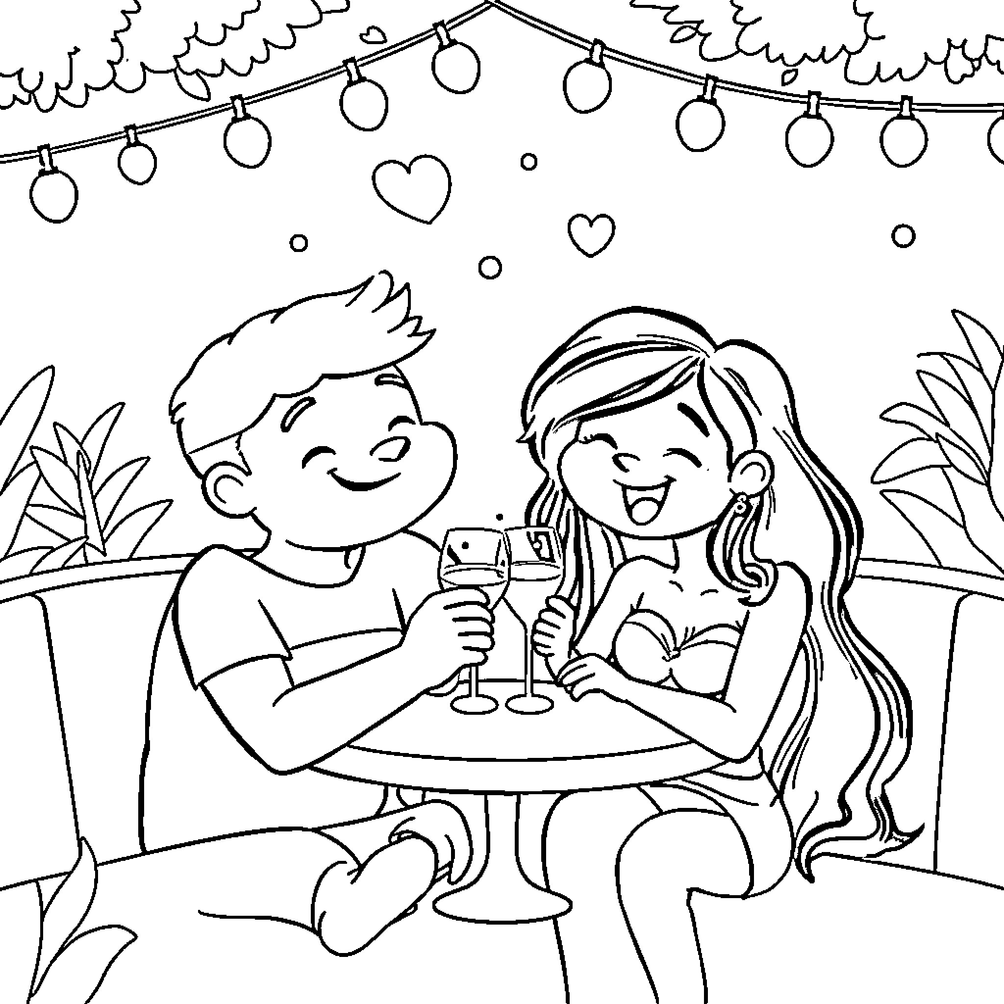 Friend's romantic evening in the garden Coloring Page (free black-and-white line drawing printable PDF for all, from beginners to advanced learners, including children, teens, adults, and seniors)