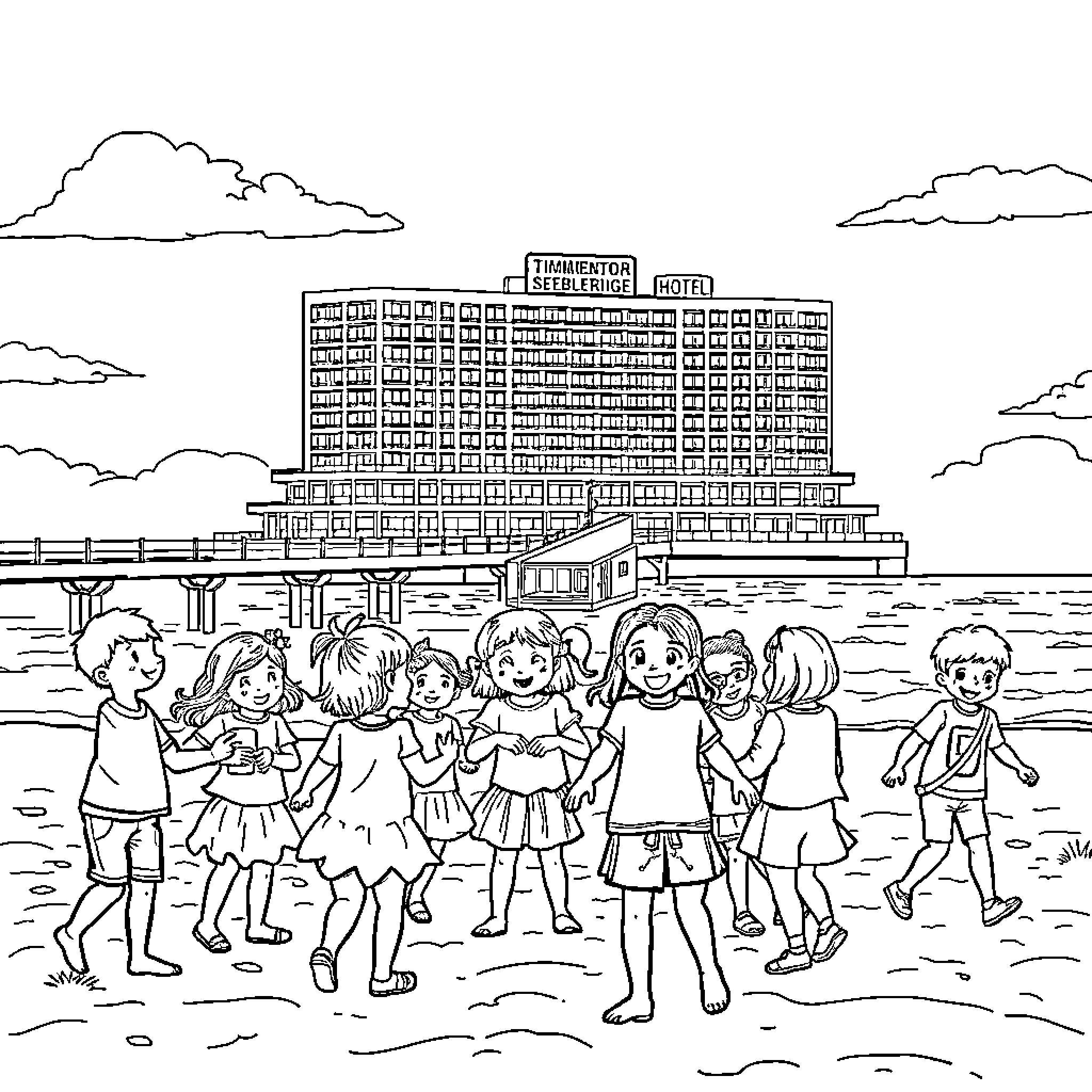 Kindergarten students playing on the beach Coloring Page (free black-and-white line drawing printable PDF for all, from beginners to advanced learners, including children, teens, adults, and seniors)