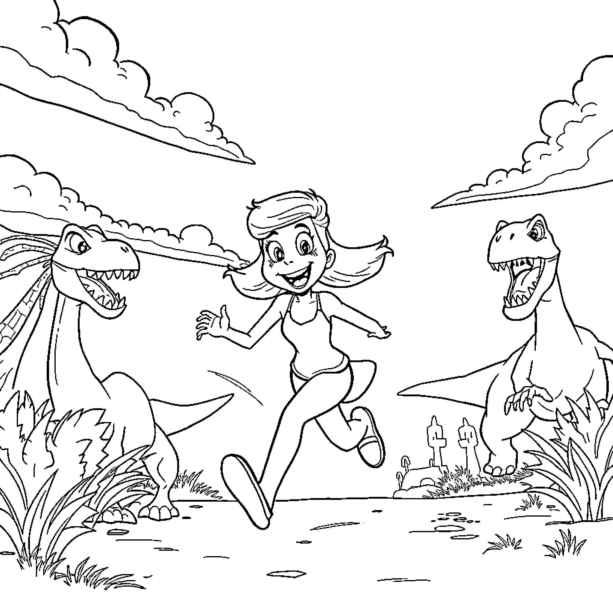 Eureka! Kids exploring the prehistoric world Coloring Page (free black-and-white line drawing printable PDF for all, from beginners to advanced learners, including children, teens, adults, and seniors)