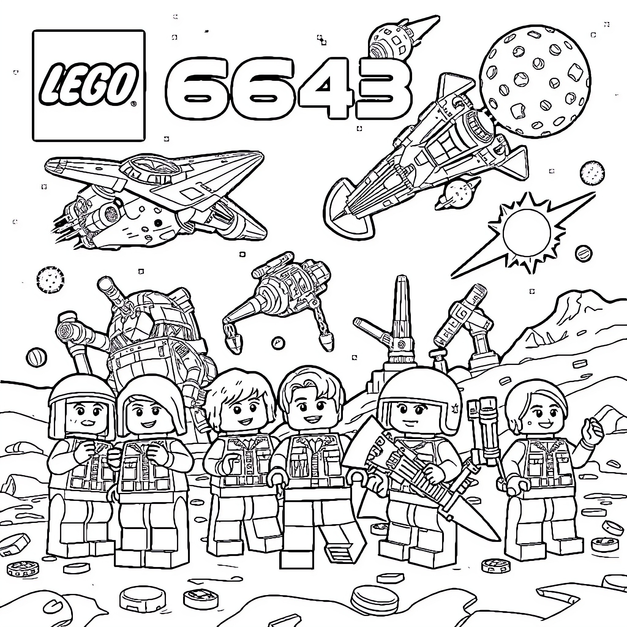 Lego characters exploring outer space adventure Coloring Page (free black-and-white line drawing printable PDF for all, from beginners to advanced learners, including children, teens, adults, and seniors)