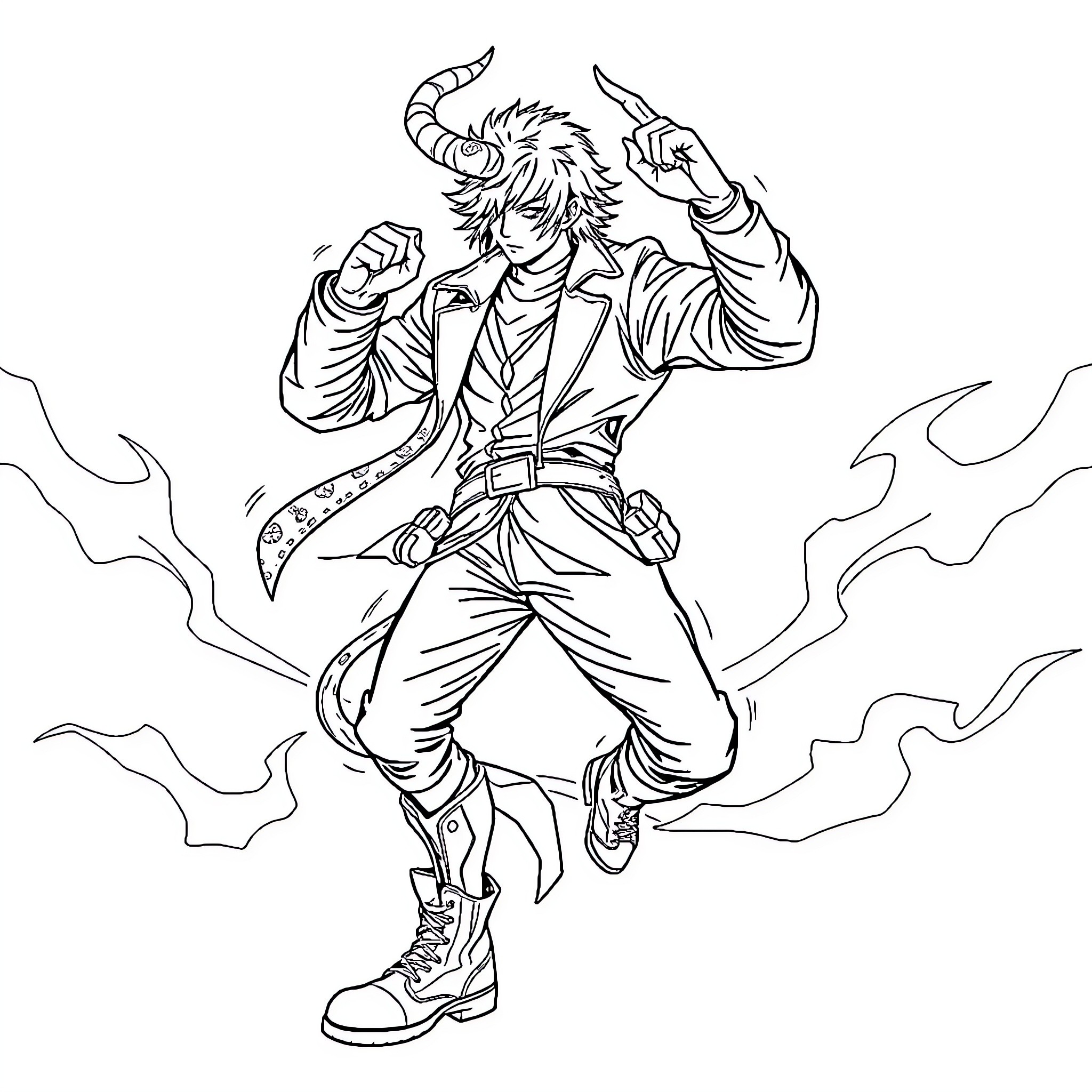 Demon Hunter Battles Ferociously with Powerful Stance Coloring Page (free black-and-white line drawing printable PDF for all, from beginners to advanced learners, including children, teens, adults, and seniors)