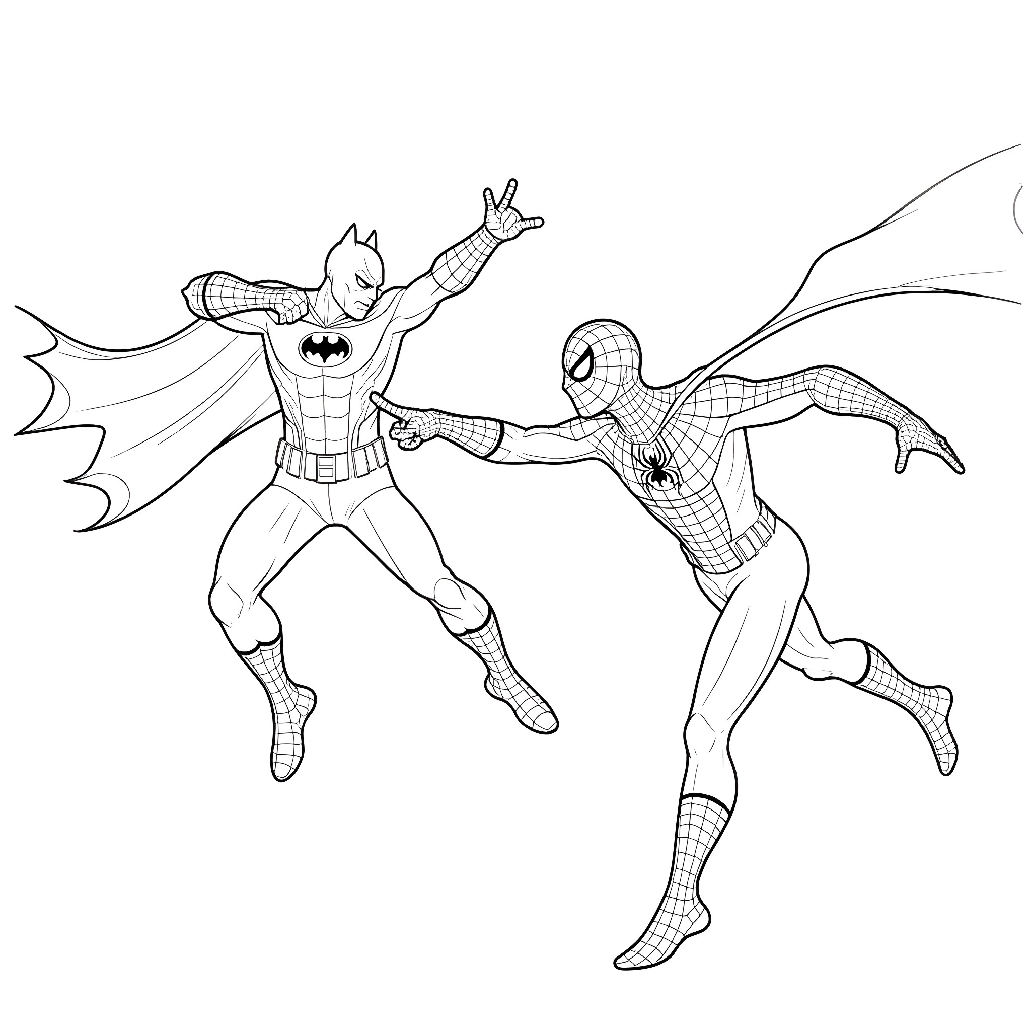 Batman and Spider-Man fighting in action Coloring Page (free black-and-white line drawing printable PDF for all, from beginners to advanced learners, including children, teens, adults, and seniors)