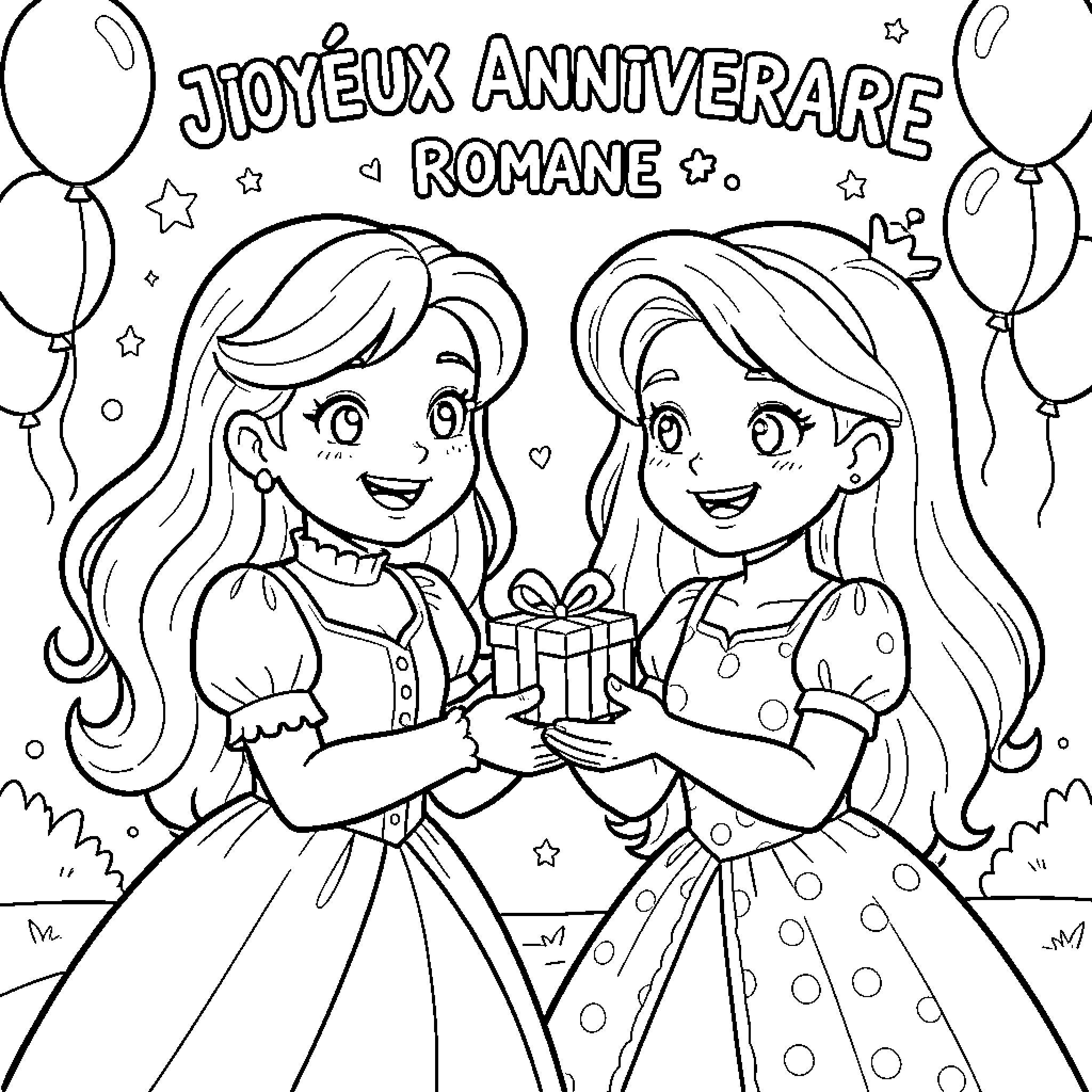 Raiponce and friend celebrating a birthday with a gift Coloring Page (free black-and-white line drawing printable PDF for all, from beginners to advanced learners, including children, teens, adults, and seniors)