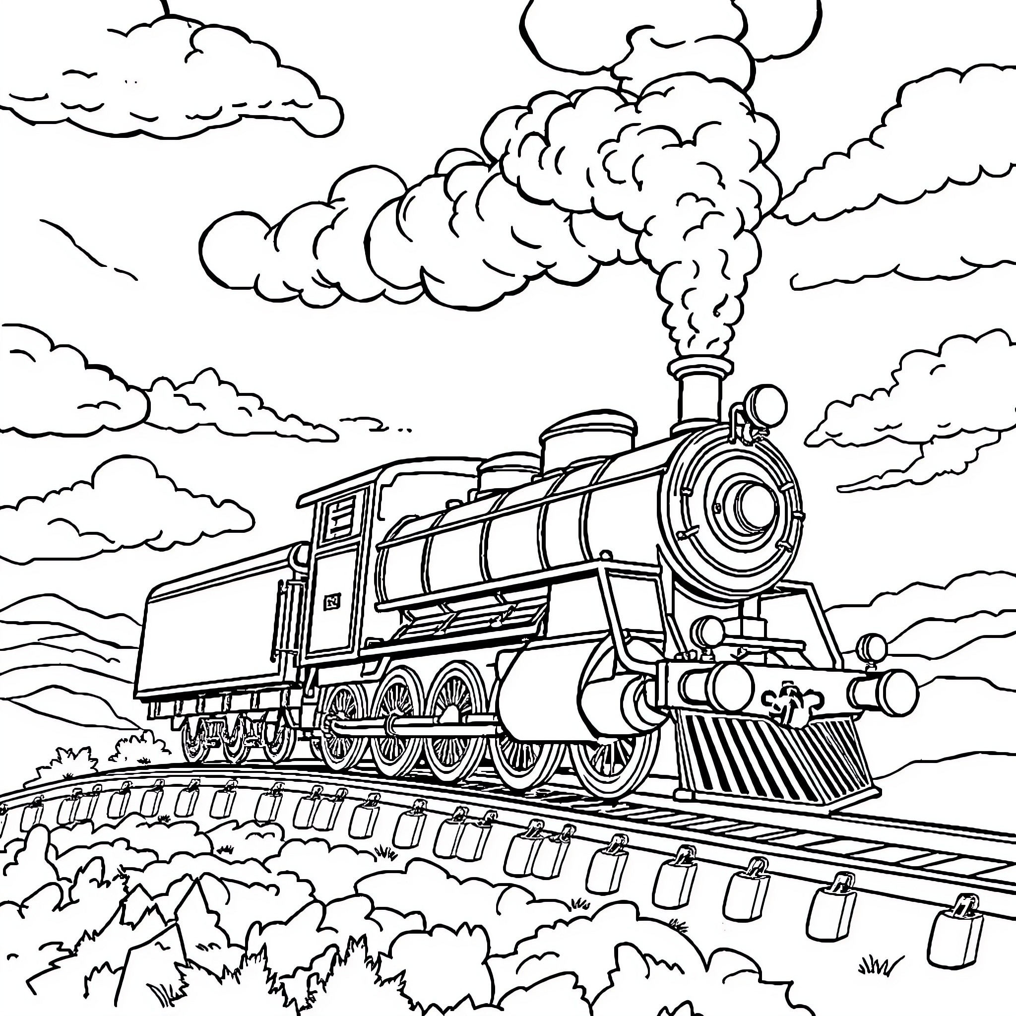 Locomotive Chugging Through the Cloudy Countryside Coloring Page (free black-and-white line drawing printable PDF for all, from beginners to advanced learners, including children, teens, adults, and seniors)