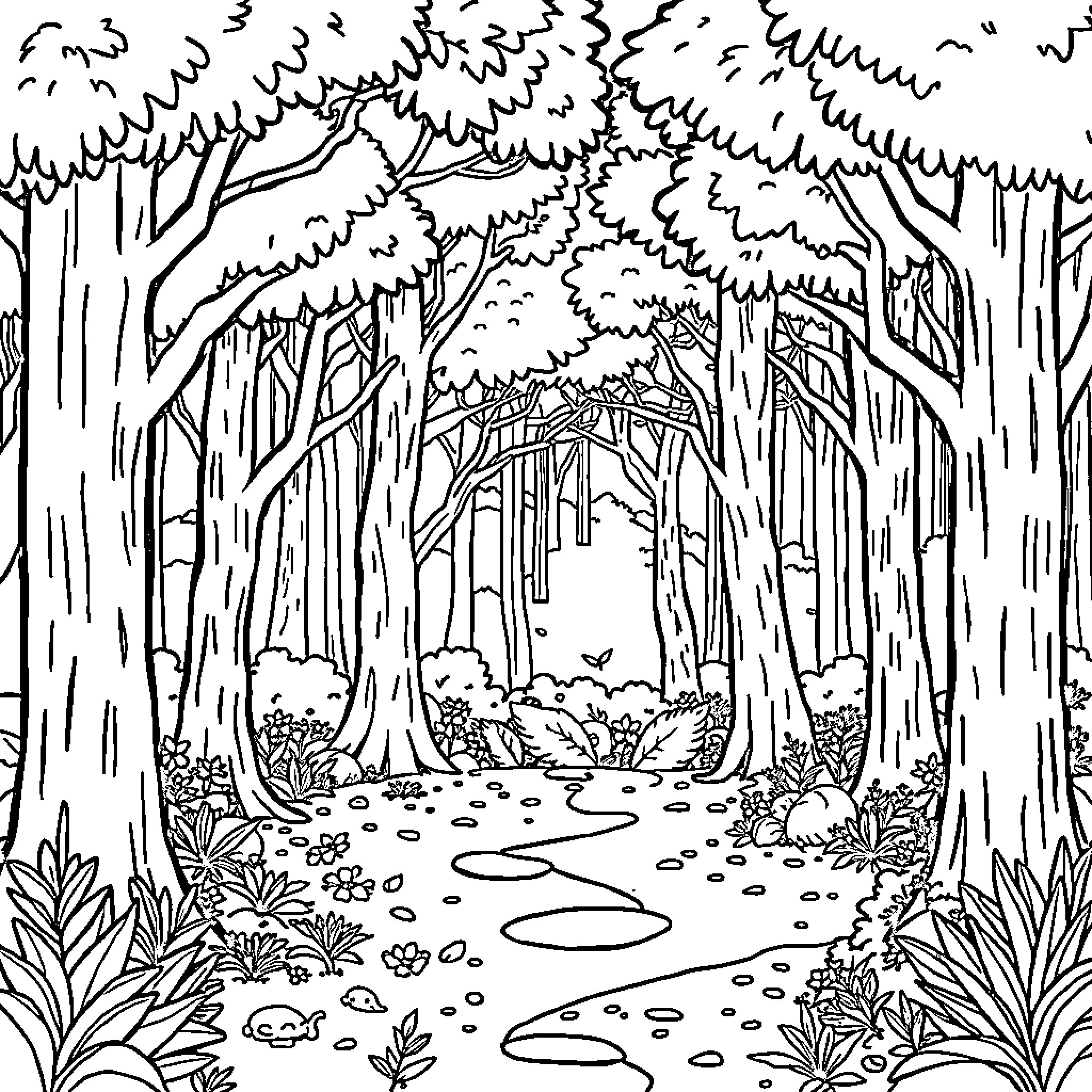 Forest path through dense foliage Coloring Page (free black-and-white line drawing printable PDF for all, from beginners to advanced learners, including children, teens, adults, and seniors)