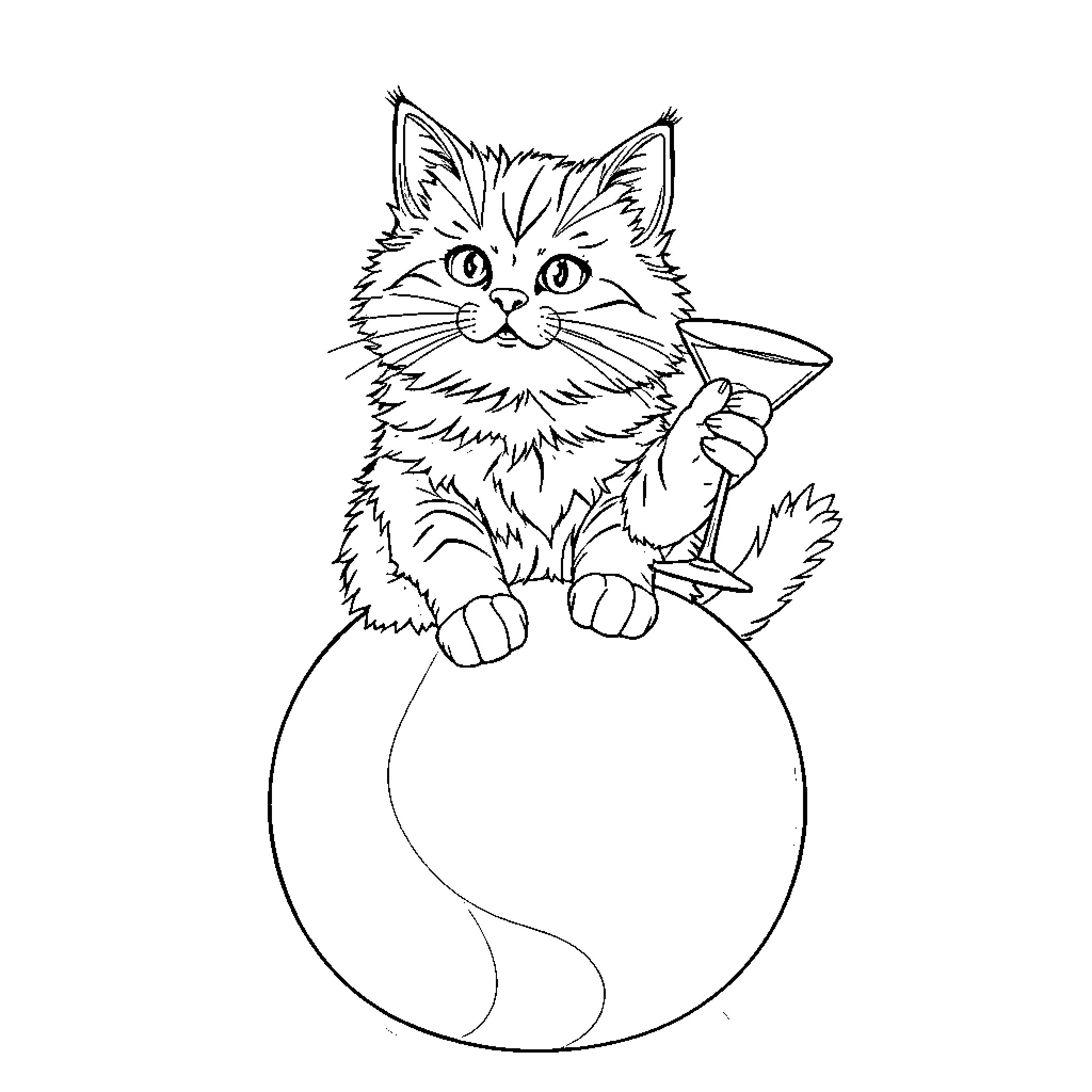Cat sitting on a globe Coloring Page (free black-and-white line drawing printable PDF for all, from beginners to advanced learners, including children, teens, adults, and seniors)