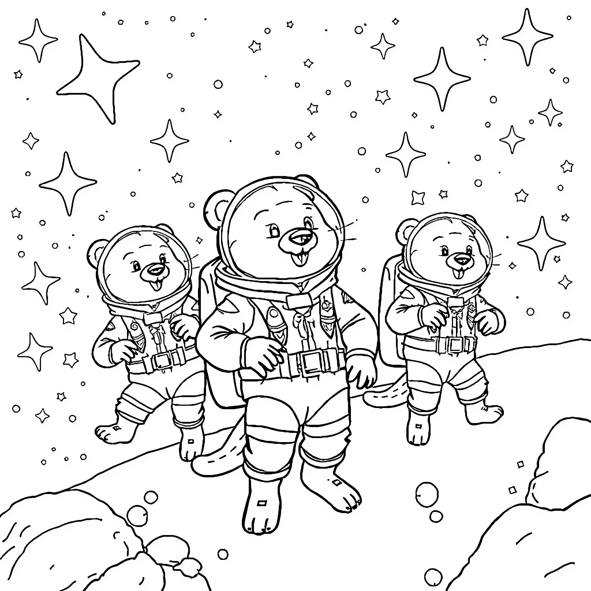 Beaver astronauts exploring the galaxy Coloring Page (free black-and-white line drawing printable PDF for all, from beginners to advanced learners, including children, teens, adults, and seniors)