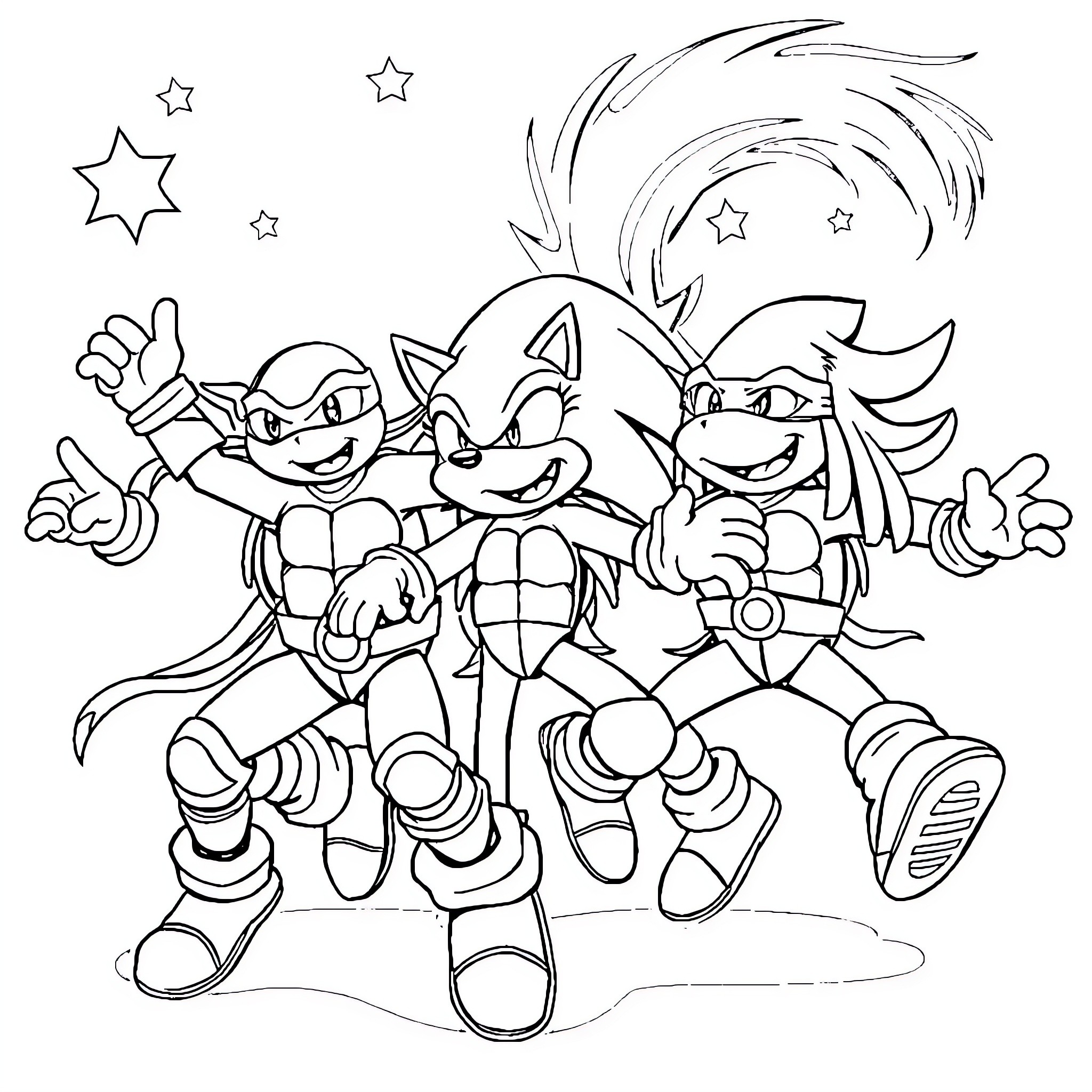 Ninja Turtles Jumping and Posing Excitedly Coloring Page (free black-and-white line drawing printable PDF for all, from beginners to advanced learners, including children, teens, adults, and seniors)
