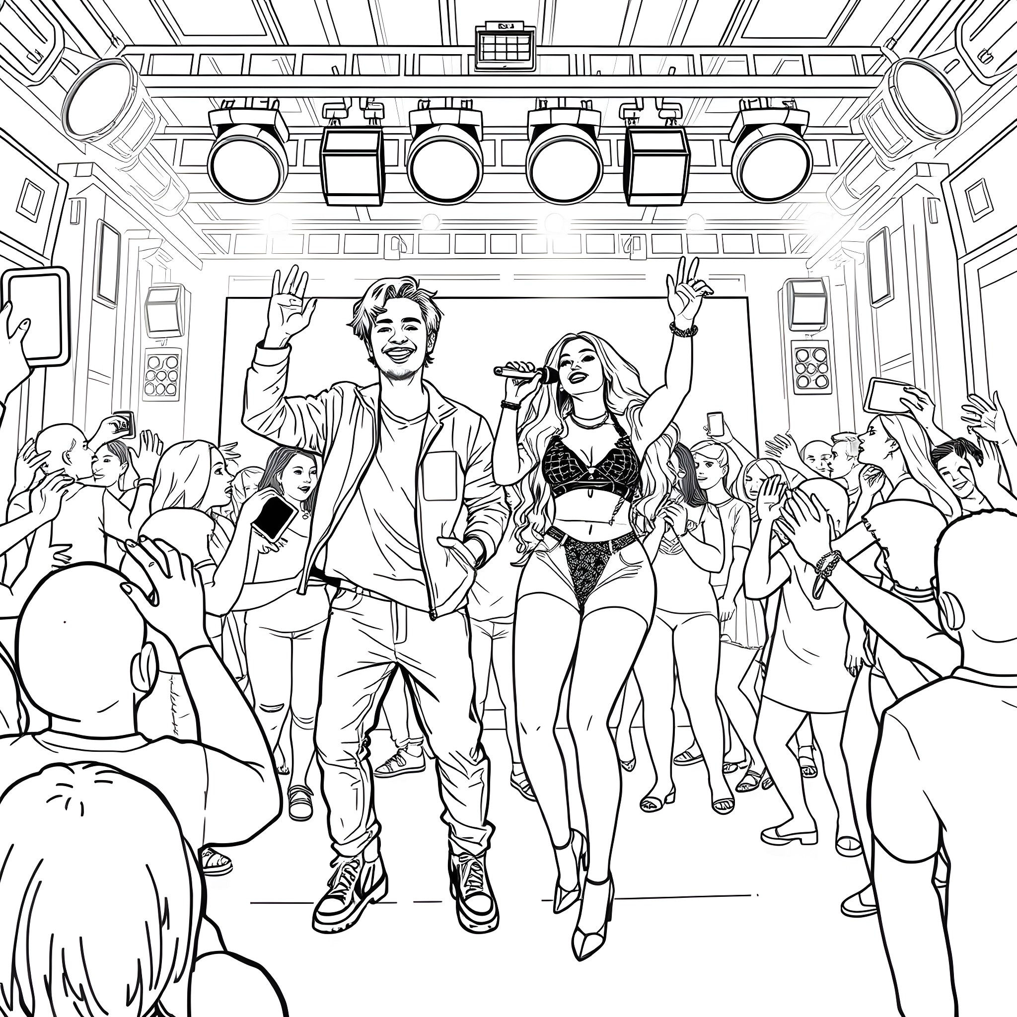 Justin Bieber and Selena Gomez performing on stage with fans Coloring Page (free black-and-white line drawing printable PDF for all, from beginners to advanced learners, including children, teens, adults, and seniors)