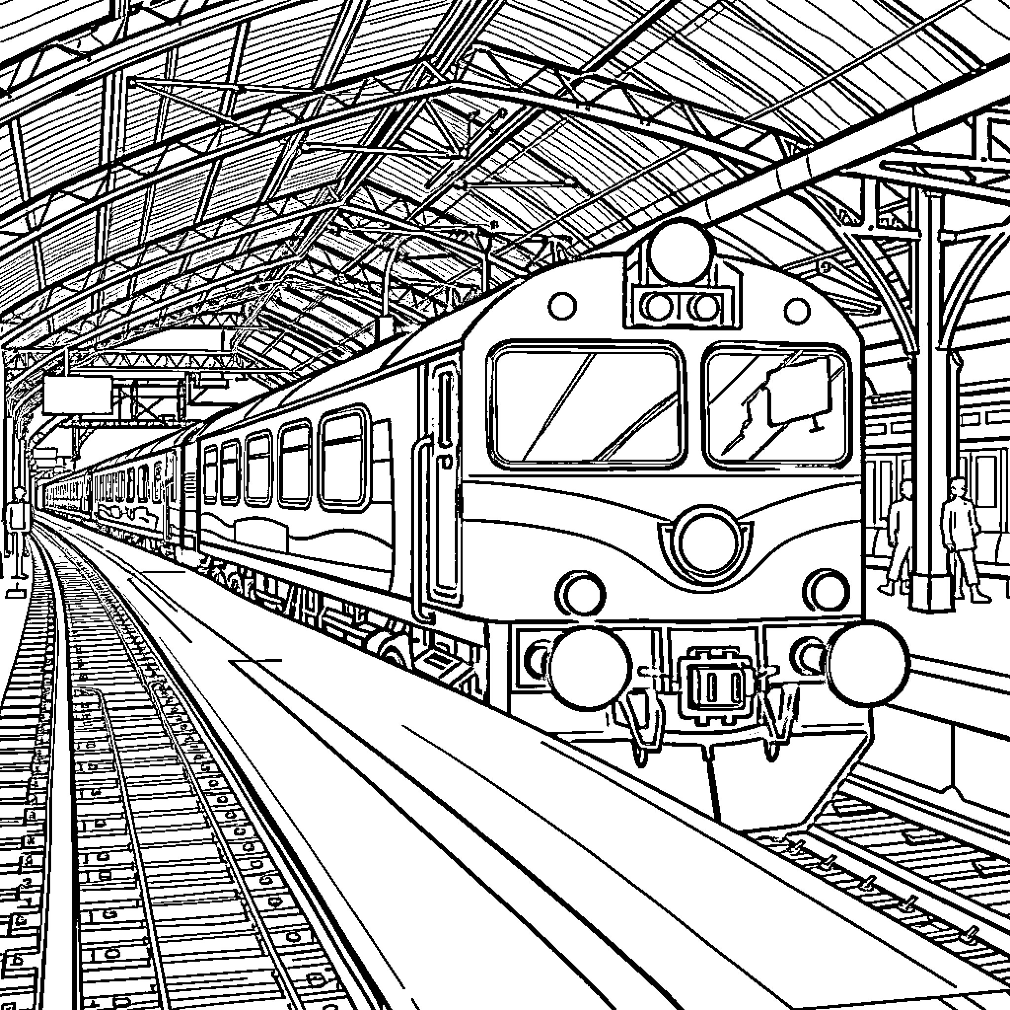 Train at the station platform Coloring Page (free black-and-white line drawing printable PDF for all, from beginners to advanced learners, including children, teens, adults, and seniors)