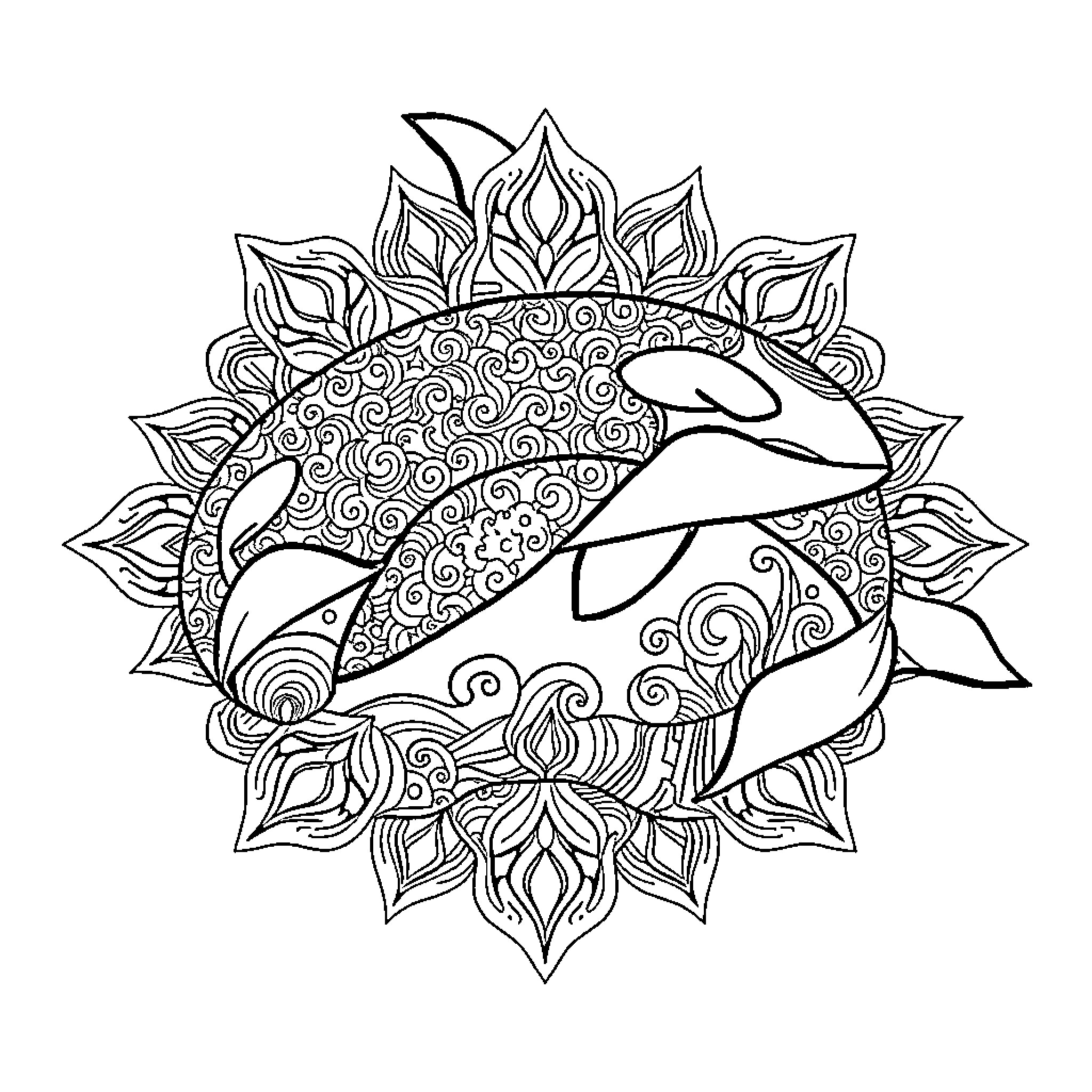 Orca swimming gracefully within ornate mandala pattern Coloring Page (free black-and-white line drawing printable PDF for all, from beginners to advanced learners, including children, teens, adults, and seniors)