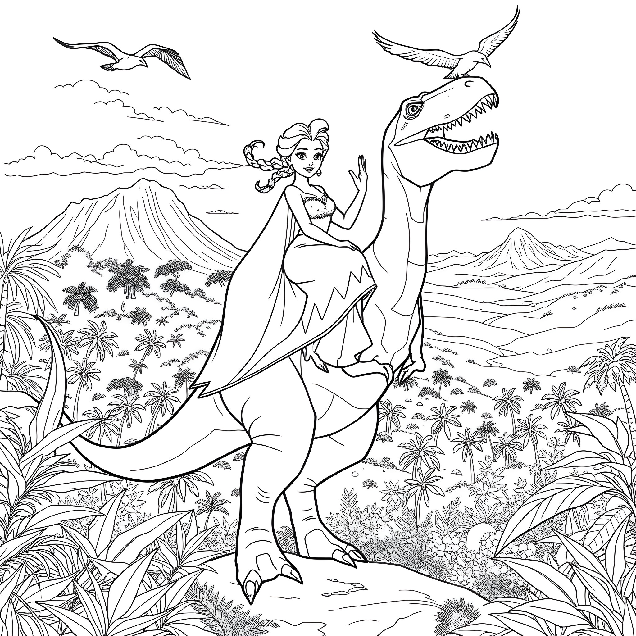 Elsa's Prehistoric Adventure with Dinosaur Coloring Page (free black-and-white line drawing printable PDF for all, from beginners to advanced learners, including children, teens, adults, and seniors)