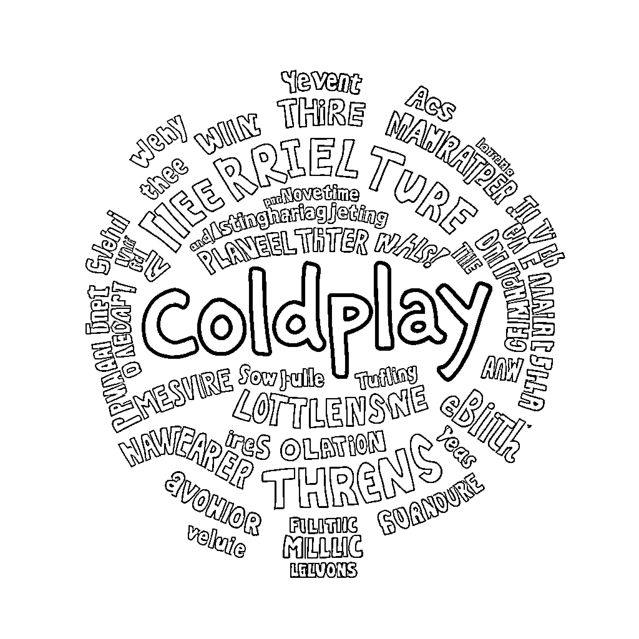 Coldplay: Band Members Performing on Stage Coloring Page (free black-and-white line drawing printable PDF for all, from beginners to advanced learners, including children, teens, adults, and seniors)