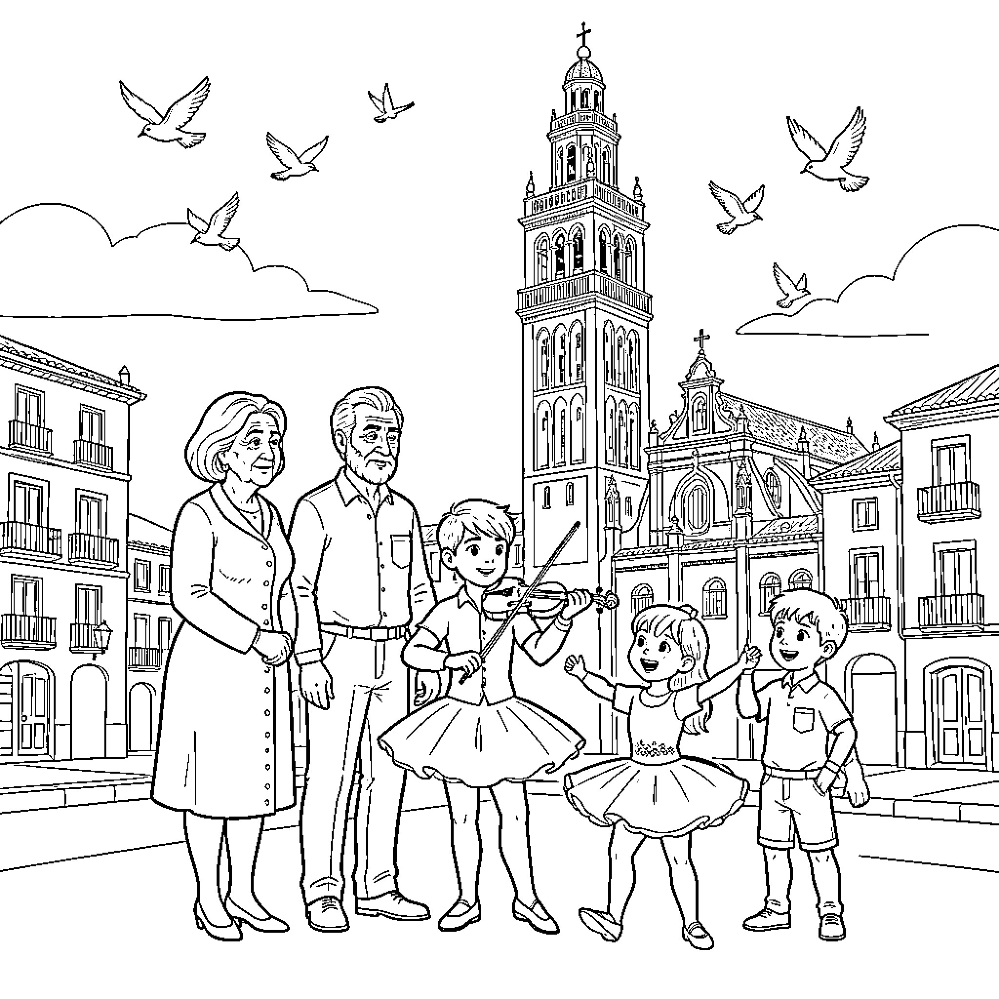 Familia posing together in front of a city square Coloring Page (free black-and-white line drawing printable PDF for all, from beginners to advanced learners, including children, teens, adults, and seniors)
