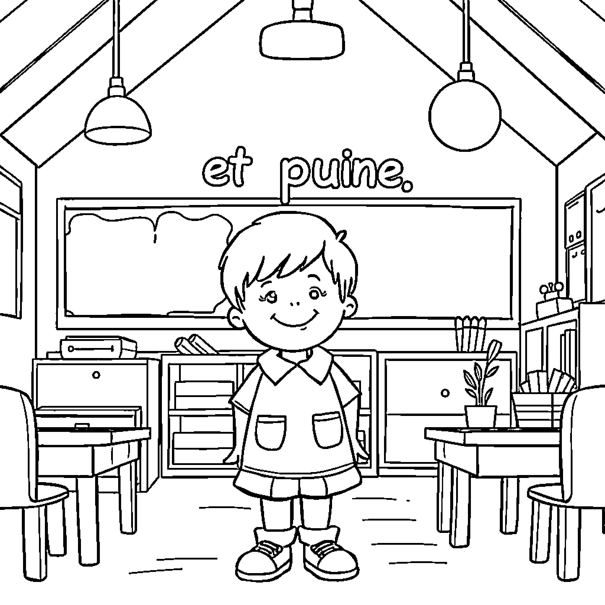 Kindergartener learning in a classroom Coloring Page (free black-and-white line drawing printable PDF for all, from beginners to advanced learners, including children, teens, adults, and seniors)