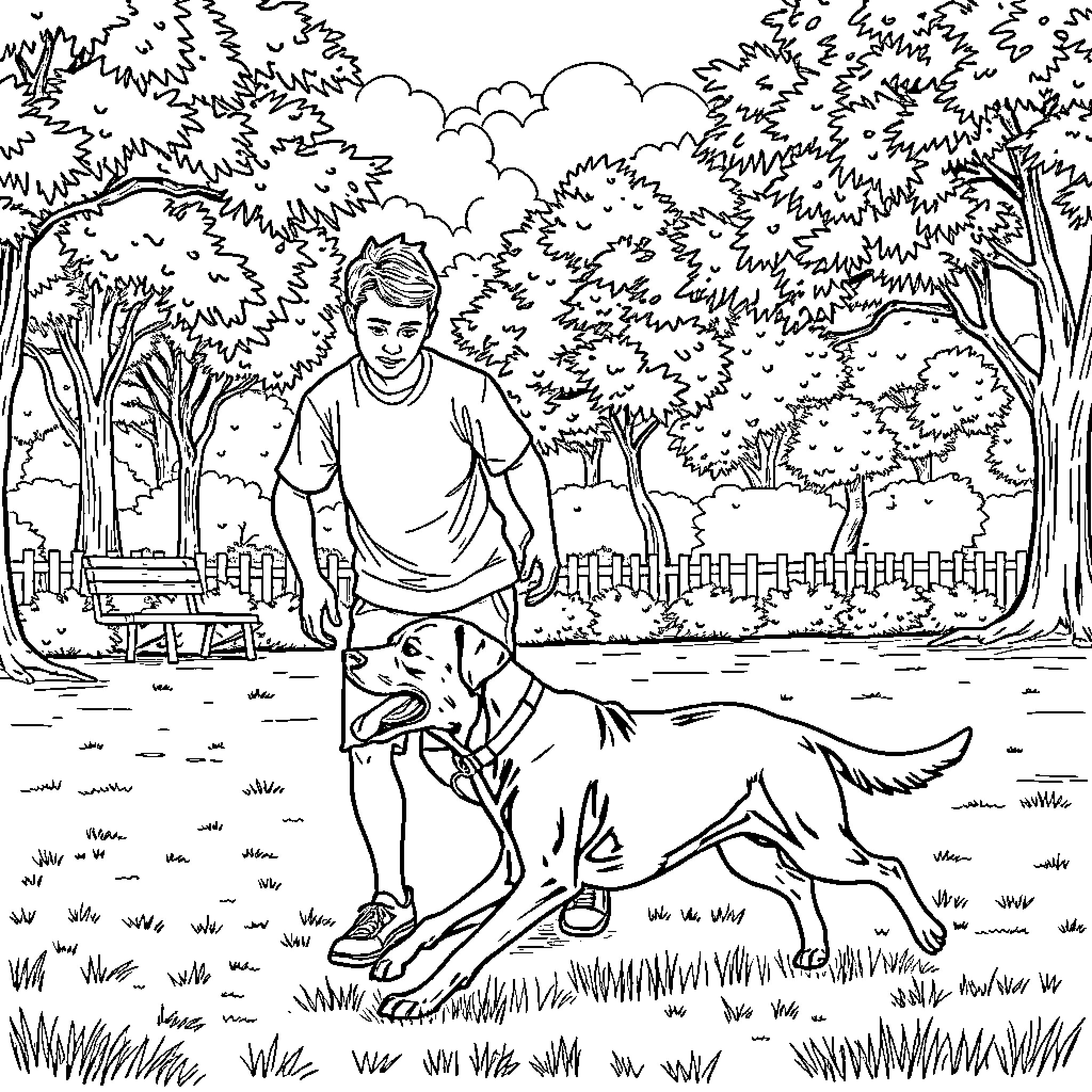 Man walking with his loyal dog in the park Coloring Page (free black-and-white line drawing printable PDF for all, from beginners to advanced learners, including children, teens, adults, and seniors)