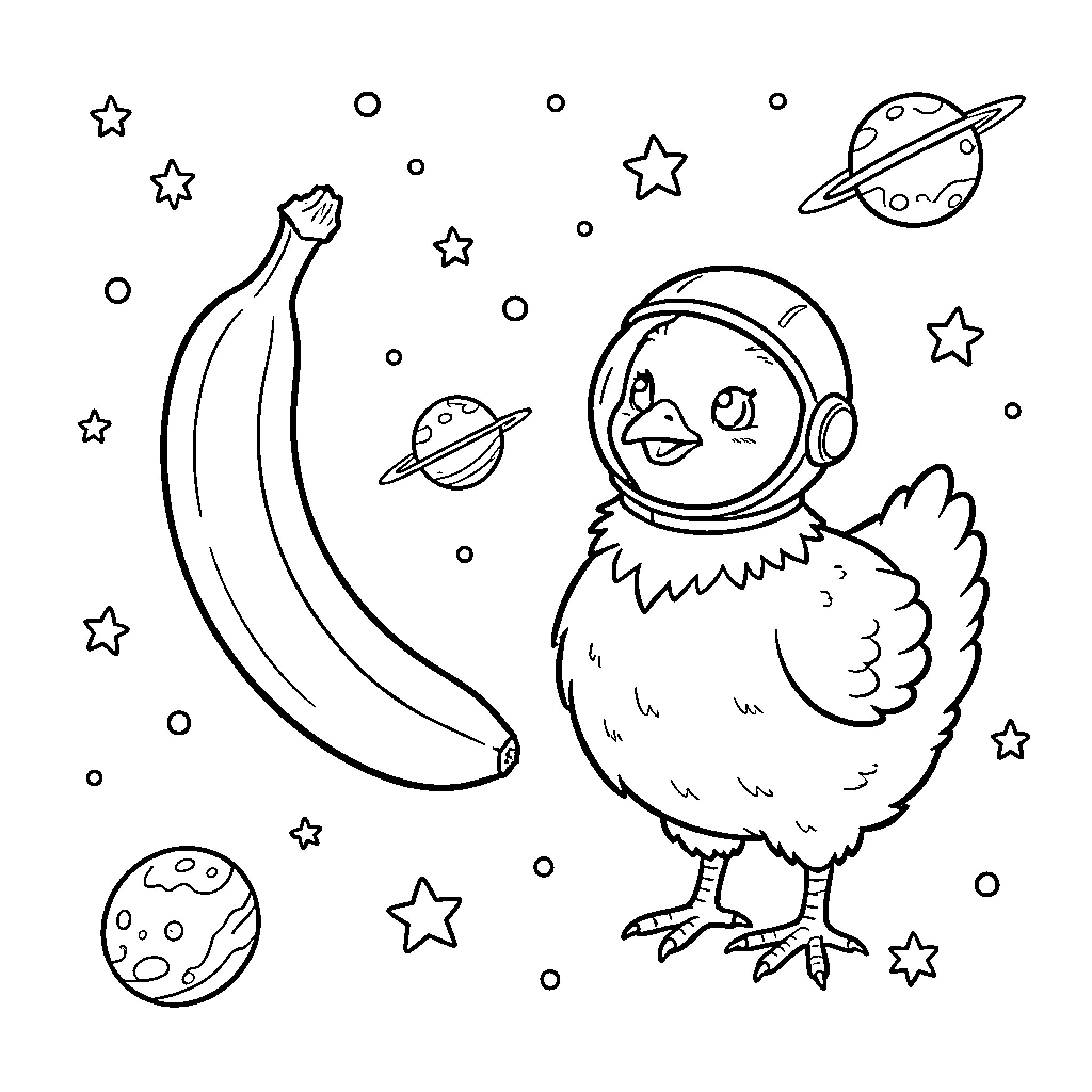 Banana astronaut in outer space adventure Coloring Page (free black-and-white line drawing printable PDF for all, from beginners to advanced learners, including children, teens, adults, and seniors)