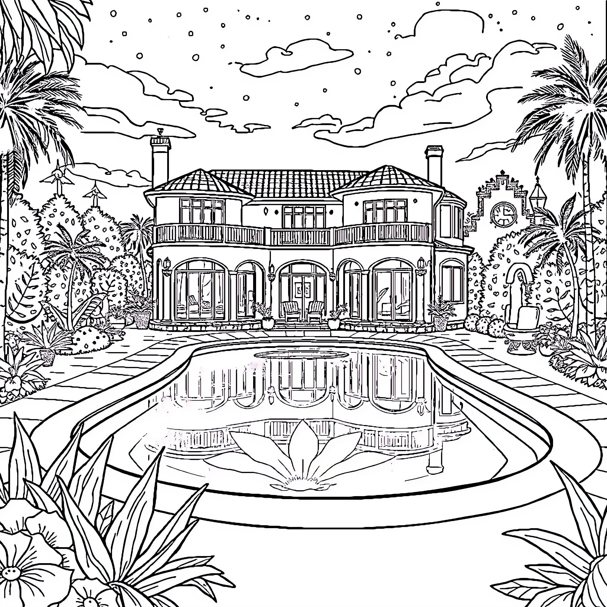 Pool-side Mansion with Lush Tropical Surroundings Coloring Page (free black-and-white line drawing printable PDF for all, from beginners to advanced learners, including children, teens, adults, and seniors)