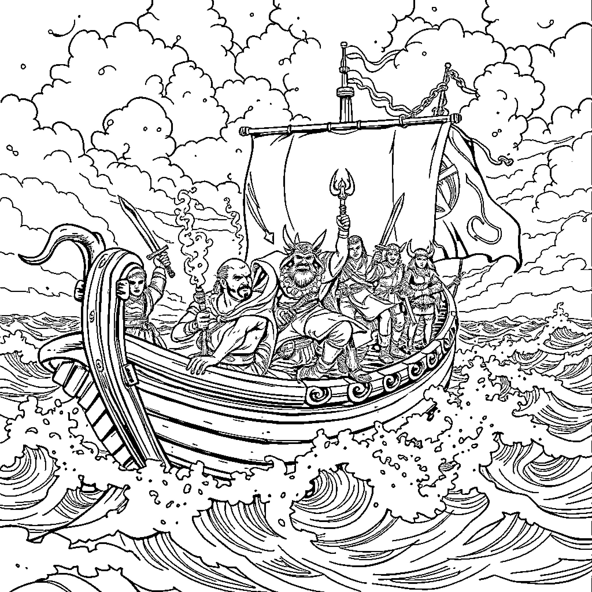 Adventurer's Voyage on Stormy Seas Coloring Page (free black-and-white line drawing printable PDF for all, from beginners to advanced learners, including children, teens, adults, and seniors)