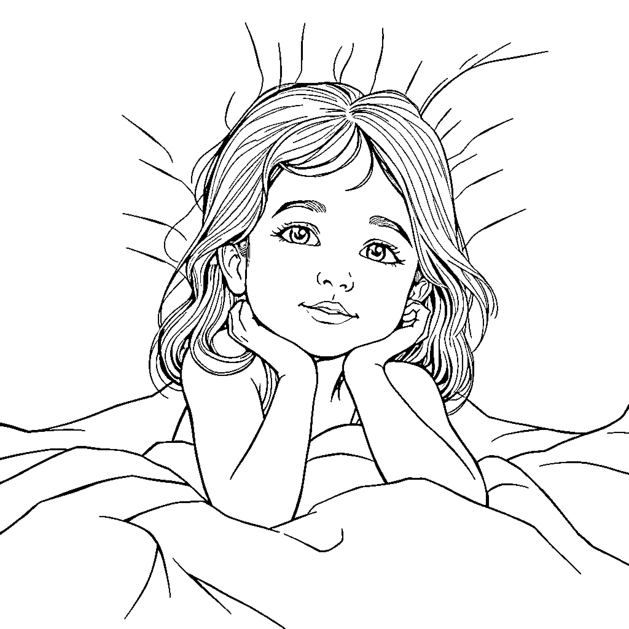 Girl in thoughtful contemplation on a sunlit day Coloring Page (free black-and-white line drawing printable PDF for all, from beginners to advanced learners, including children, teens, adults, and seniors)