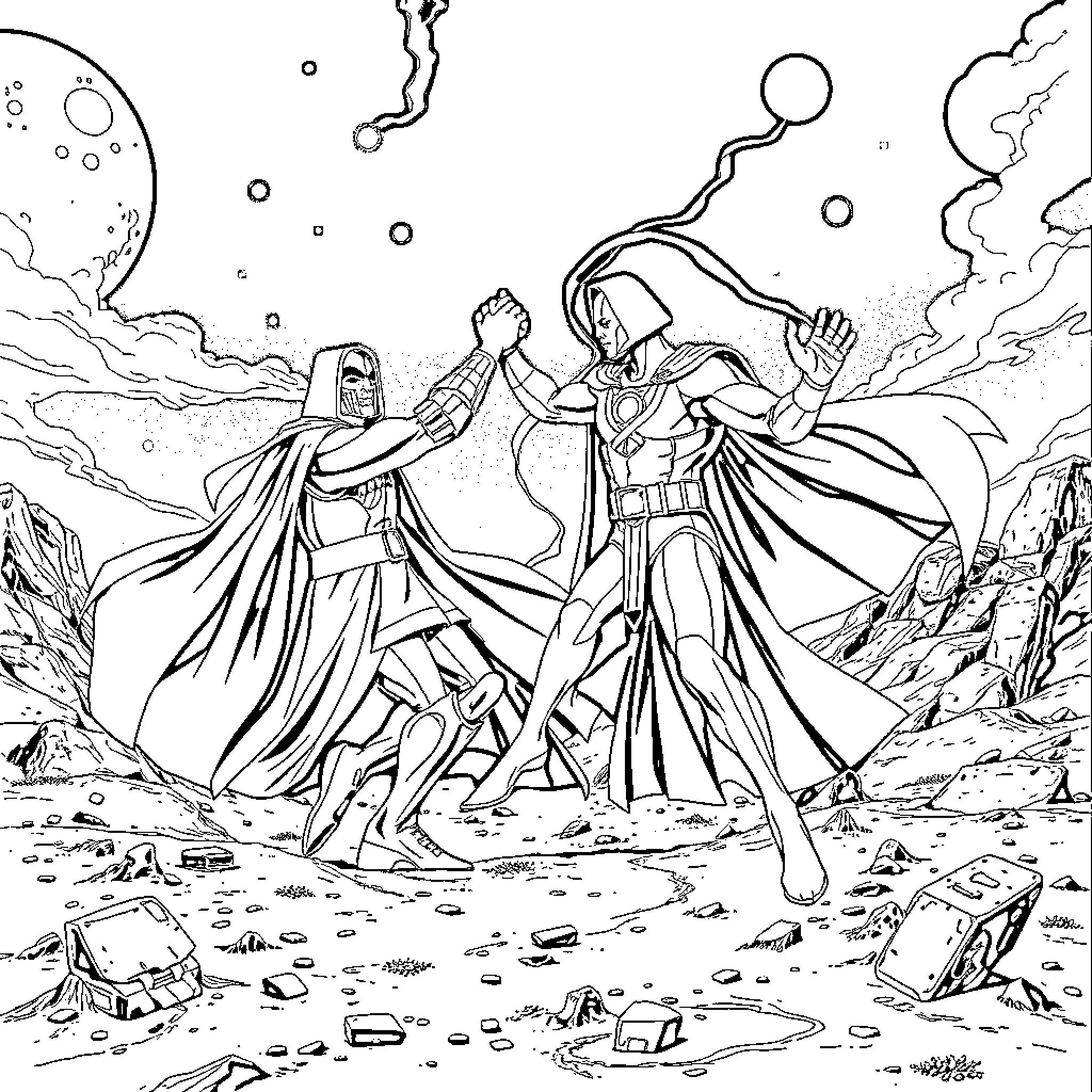 Doctor Doom and Galactus clash in epic cosmic battle Coloring Page (free black-and-white line drawing printable PDF for all, from beginners to advanced learners, including children, teens, adults, and seniors)