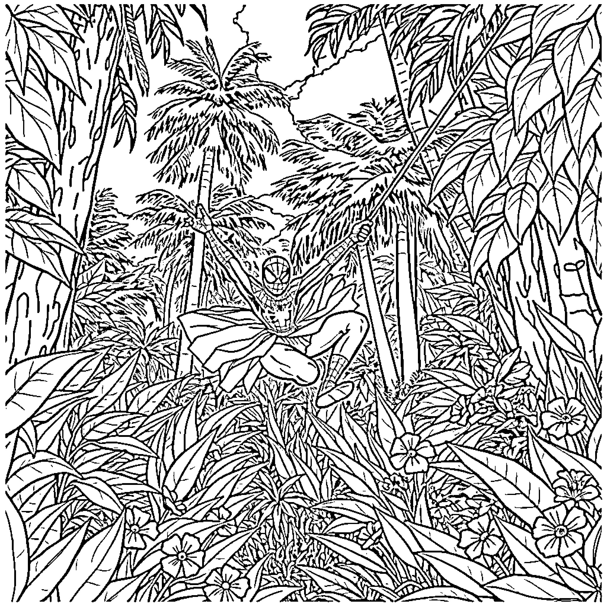 Spiderman swinging through a lush jungle landscape Coloring Page (free black-and-white line drawing printable PDF for all, from beginners to advanced learners, including children, teens, adults, and seniors)