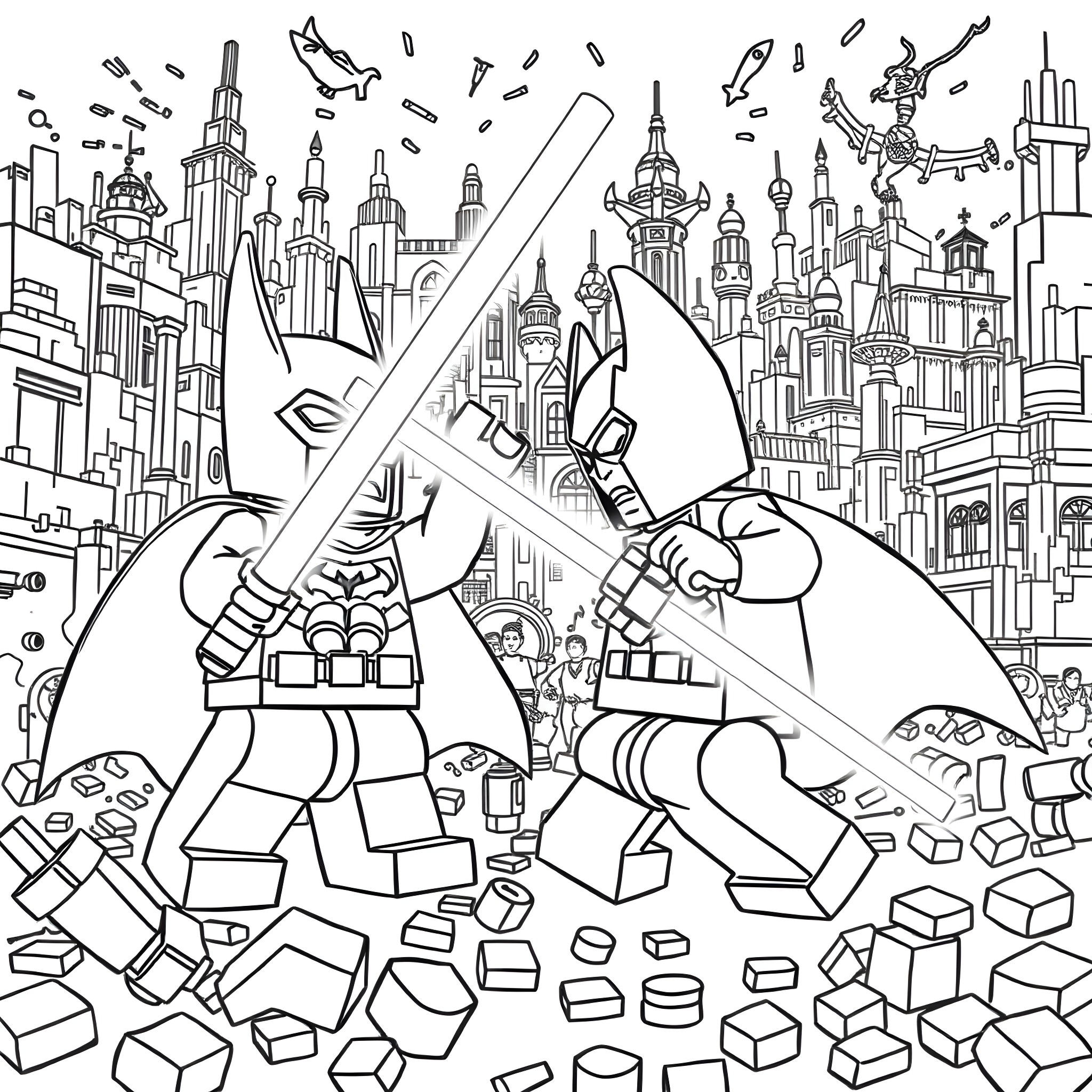 Lego Batman fighting villains in the city Coloring Page (free black-and-white line drawing printable PDF for all, from beginners to advanced learners, including children, teens, adults, and seniors)