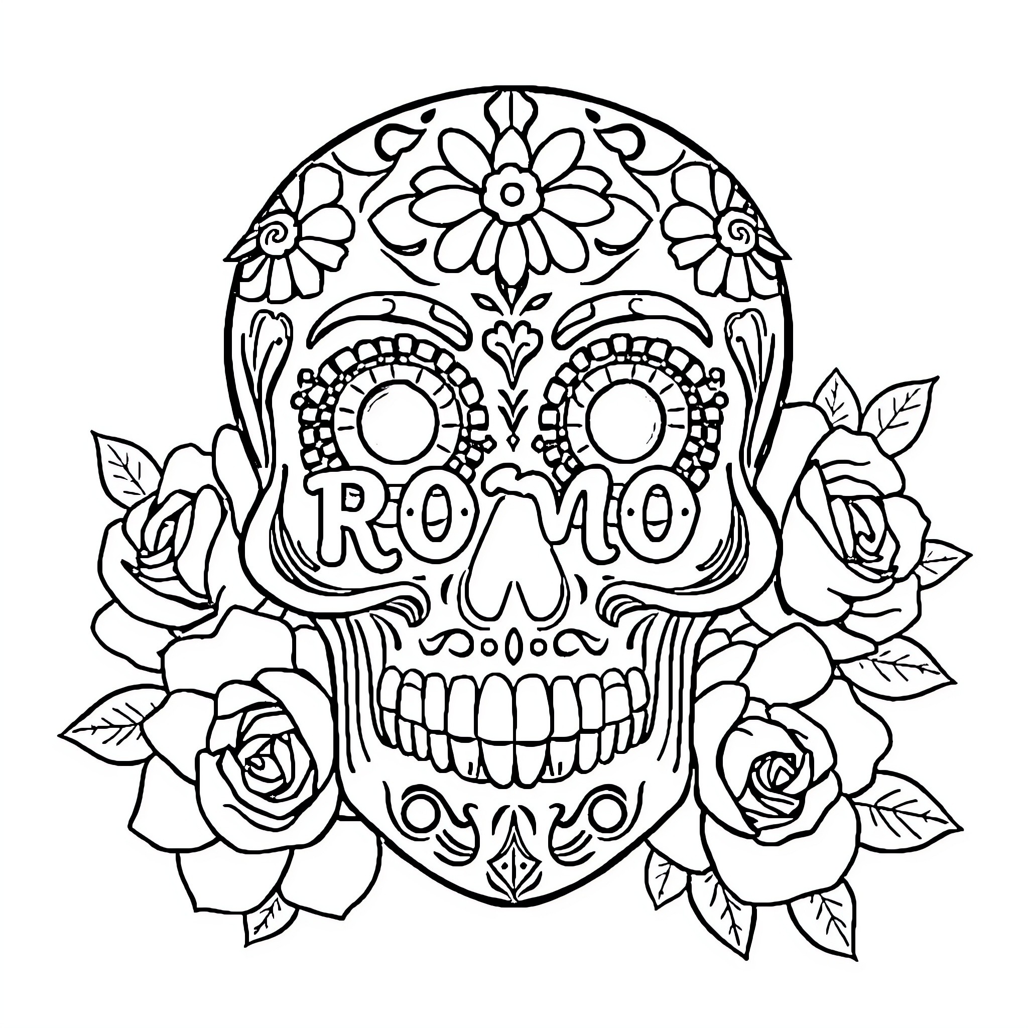 Sugar Skull with Floral Pattern and Ornate Design Coloring Page (free black-and-white line drawing printable PDF for all, from beginners to advanced learners, including children, teens, adults, and seniors)