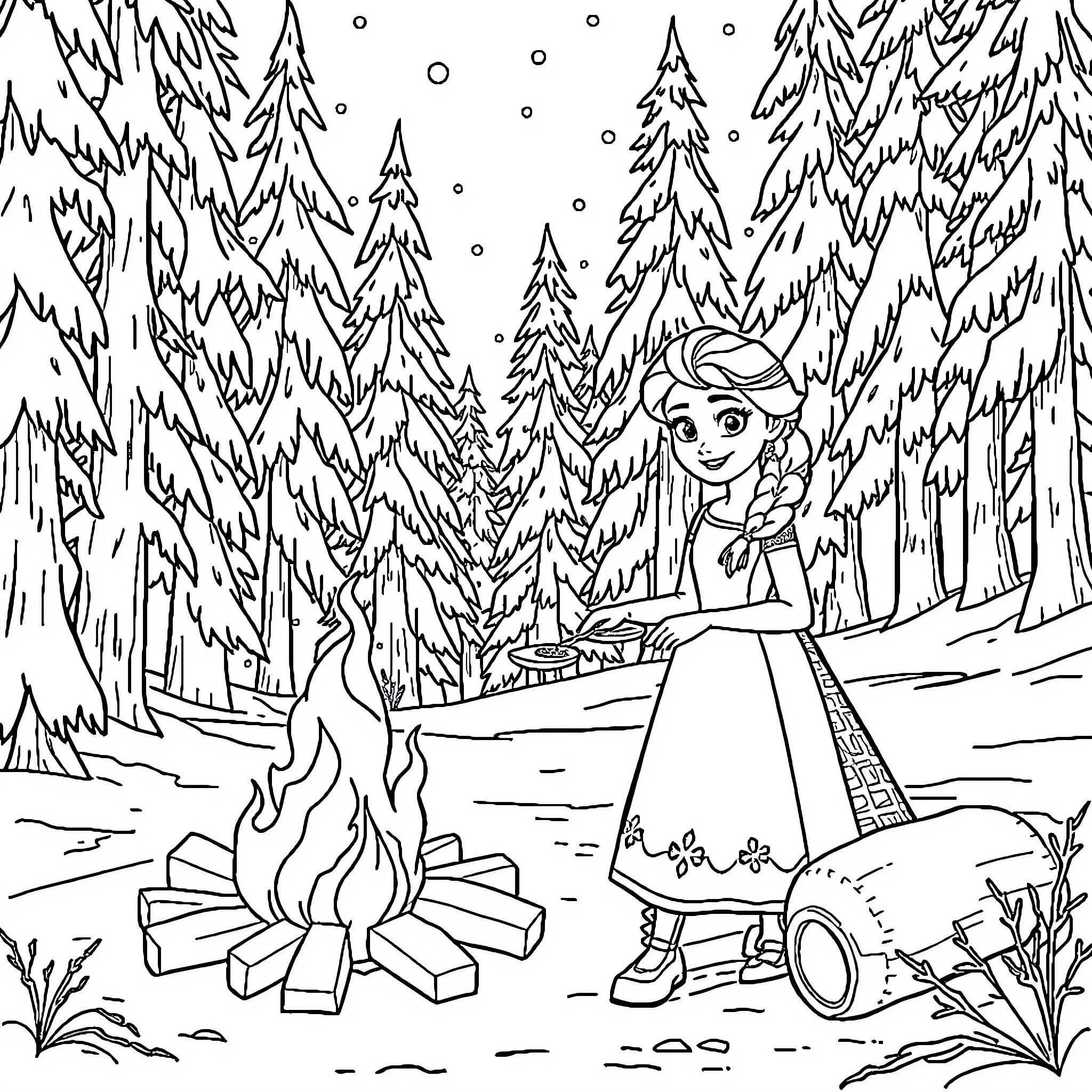 Elsa exploring the snowy forest with a campfire Coloring Page (free black-and-white line drawing printable PDF for all, from beginners to advanced learners, including children, teens, adults, and seniors)