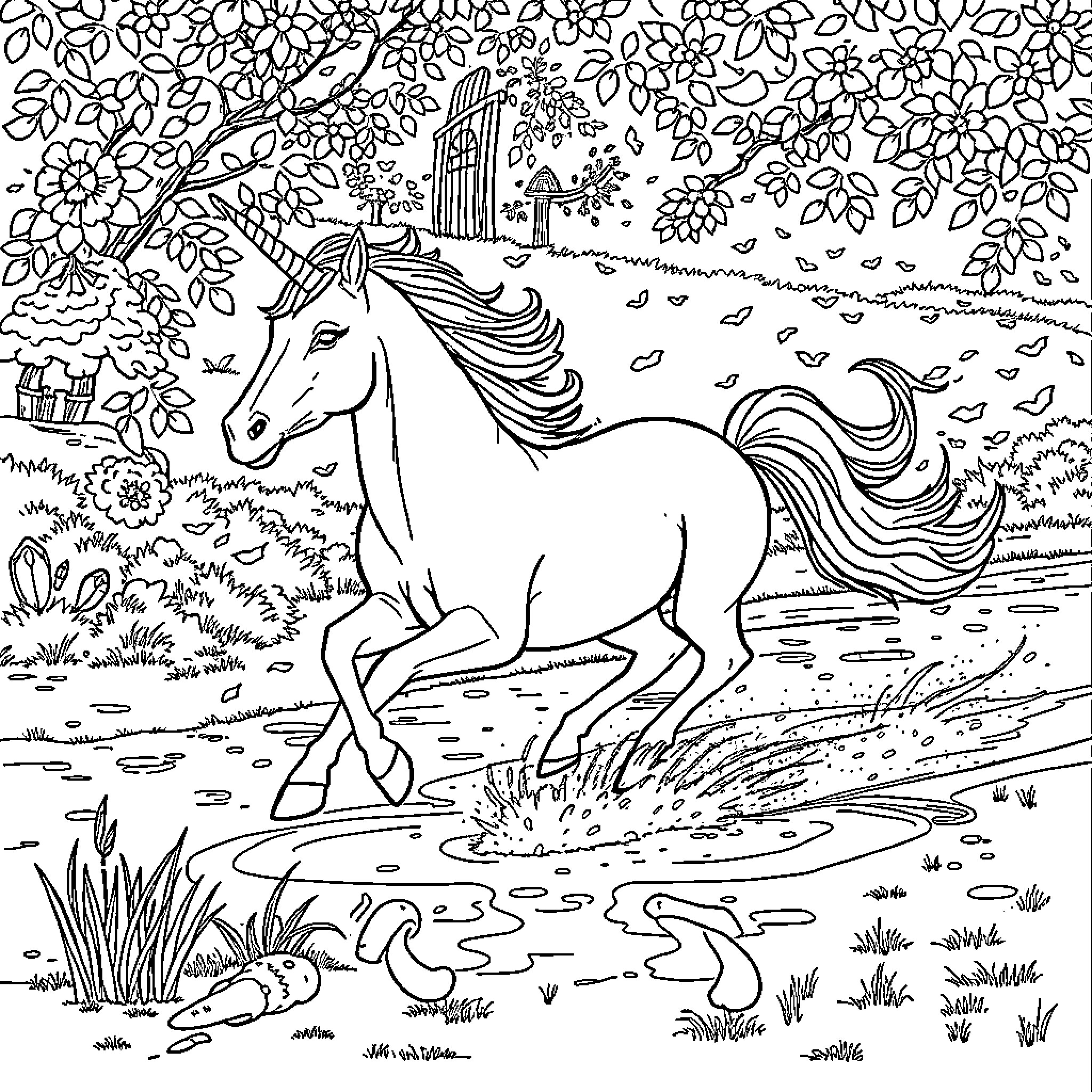 Unicorn Galloping Through Enchanted Forest Coloring Page (free black-and-white line drawing printable PDF for all, from beginners to advanced learners, including children, teens, adults, and seniors)