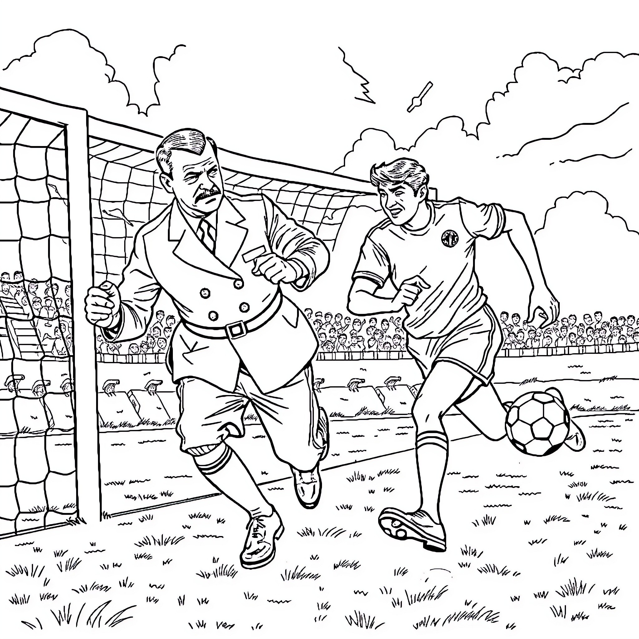 Soccer players competing on the field Coloring Page (free black-and-white line drawing printable PDF for all, from beginners to advanced learners, including children, teens, adults, and seniors)