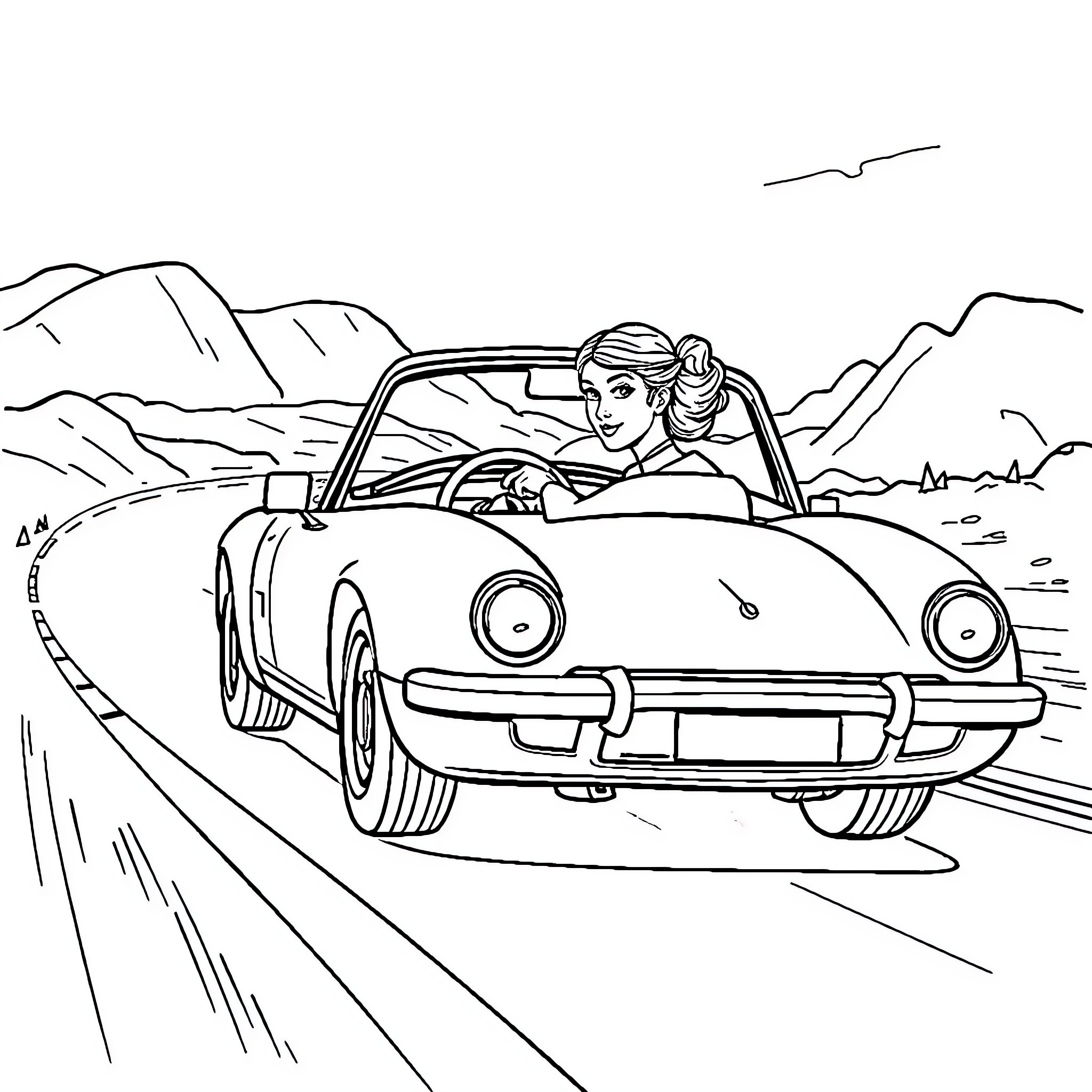 Princess Leia driving on a scenic road Coloring Page (free black-and-white line drawing printable PDF for all, from beginners to advanced learners, including children, teens, adults, and seniors)