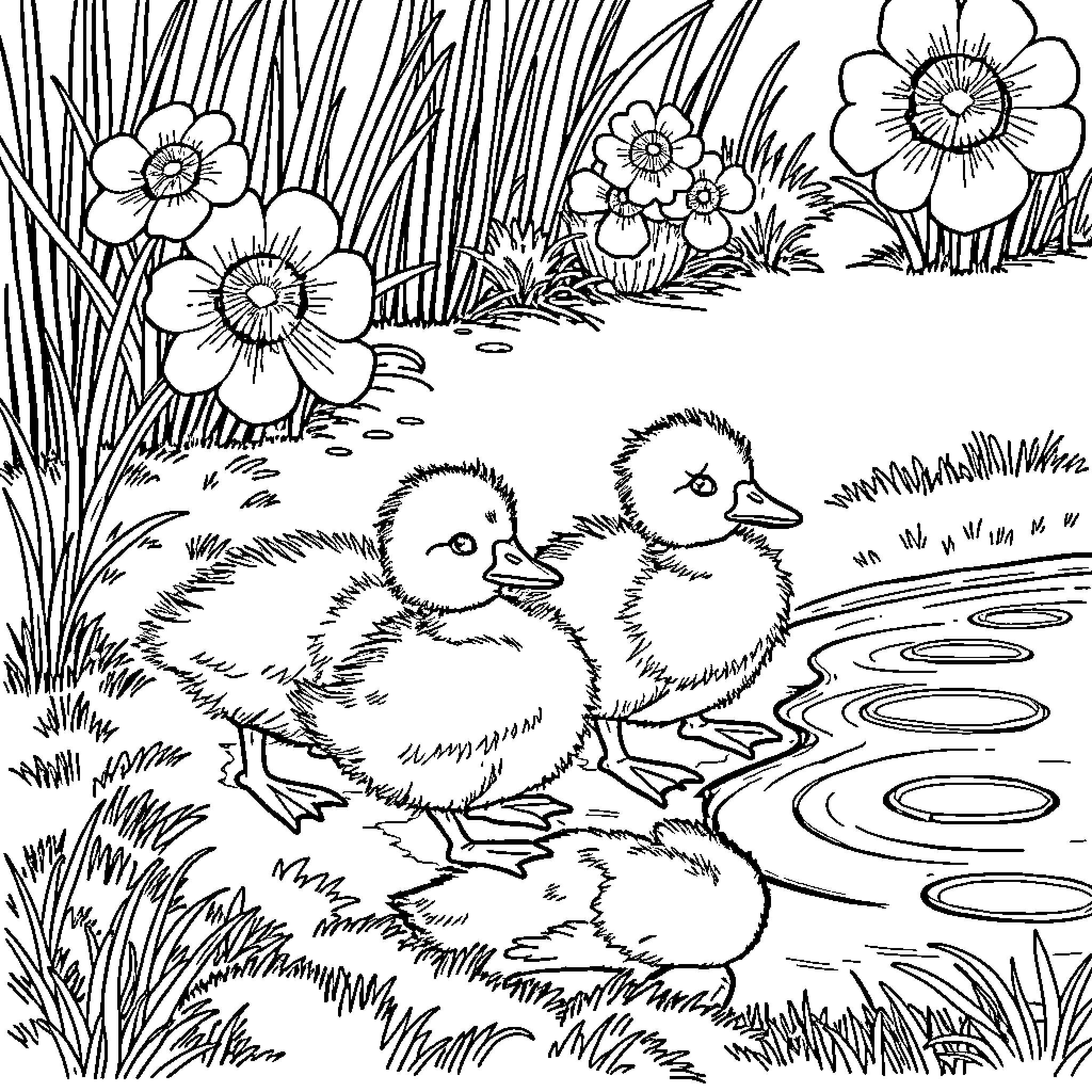 Duckling Ducklings Playing in Pond with Flowers Coloring Page (free black-and-white line drawing printable PDF for all, from beginners to advanced learners, including children, teens, adults, and seniors)