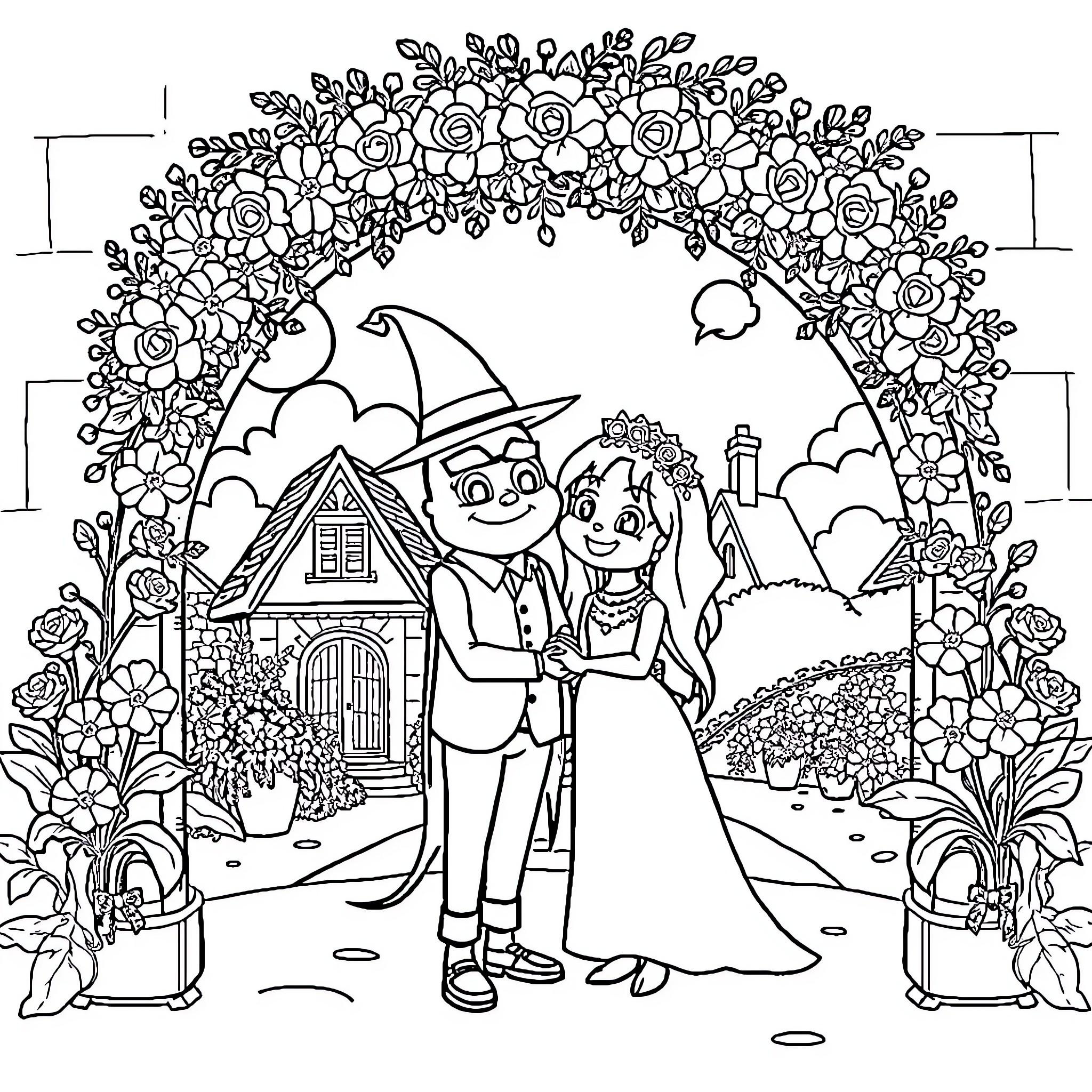 Chilli-themed Floral Wedding Scene Coloring Page (free black-and-white line drawing printable PDF for all, from beginners to advanced learners, including children, teens, adults, and seniors)